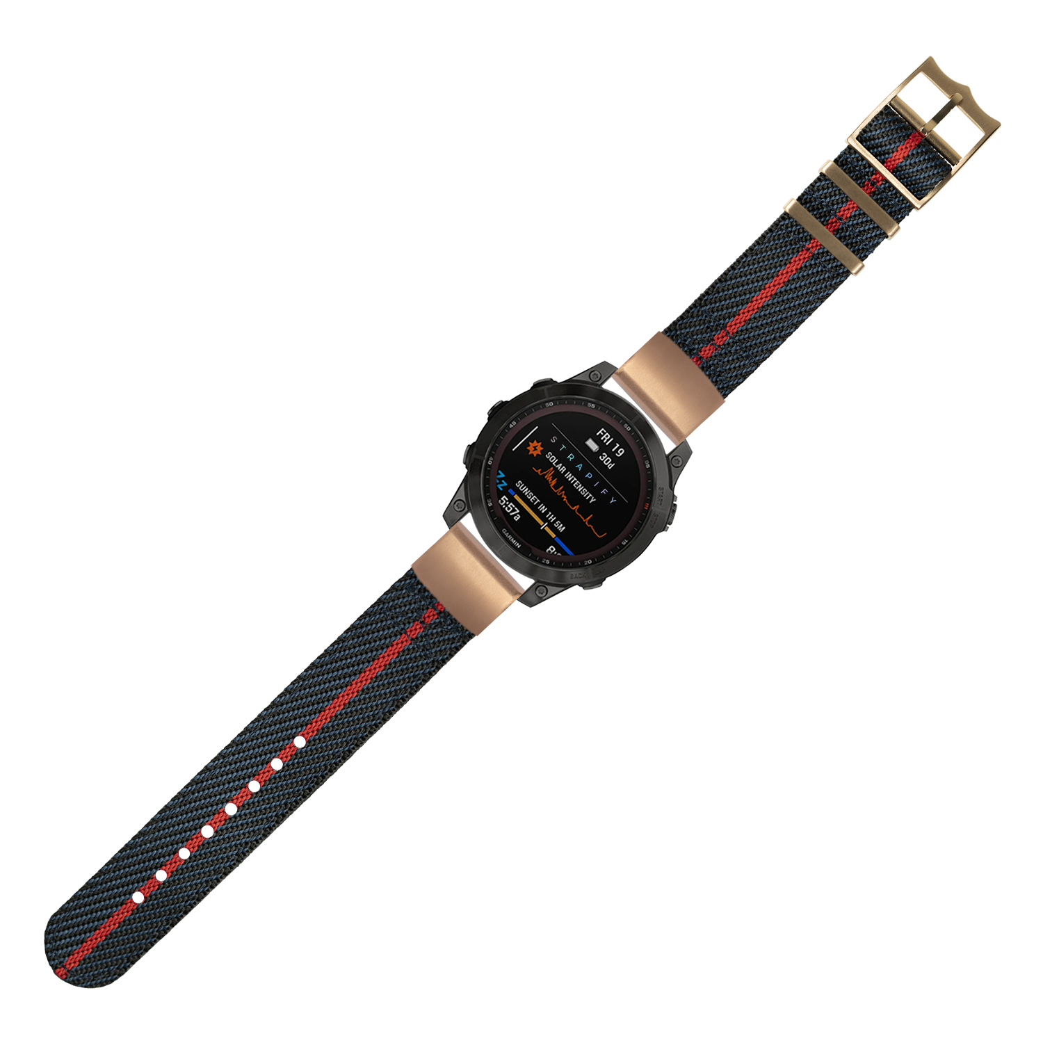 Smartwatch with black dial and rose gold bezel featuring dark blue and red striped fabric QuickFit watch band with rose gold hardware