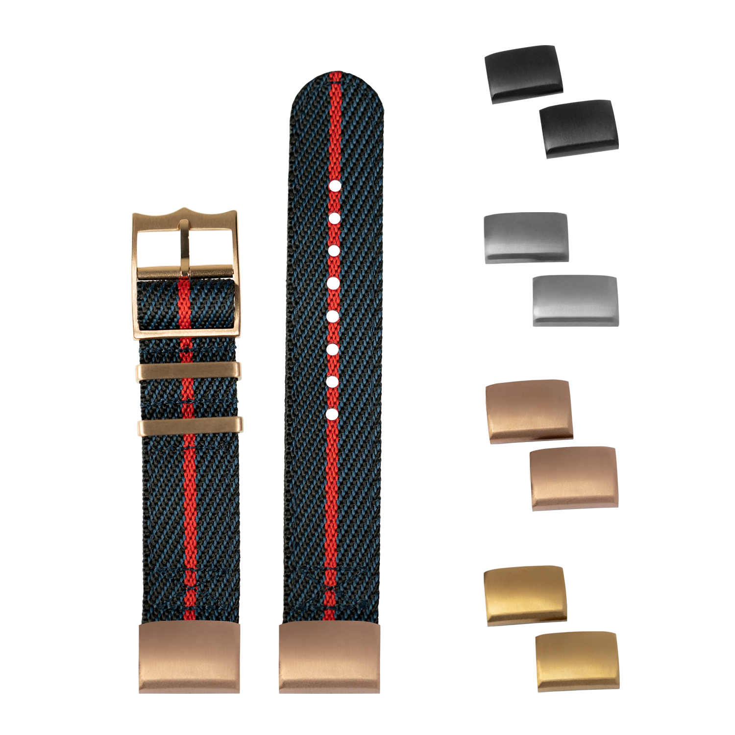 QuickFit Cross Militex fabric watch strap night blue red with rose gold hardware and interchangeable buckles