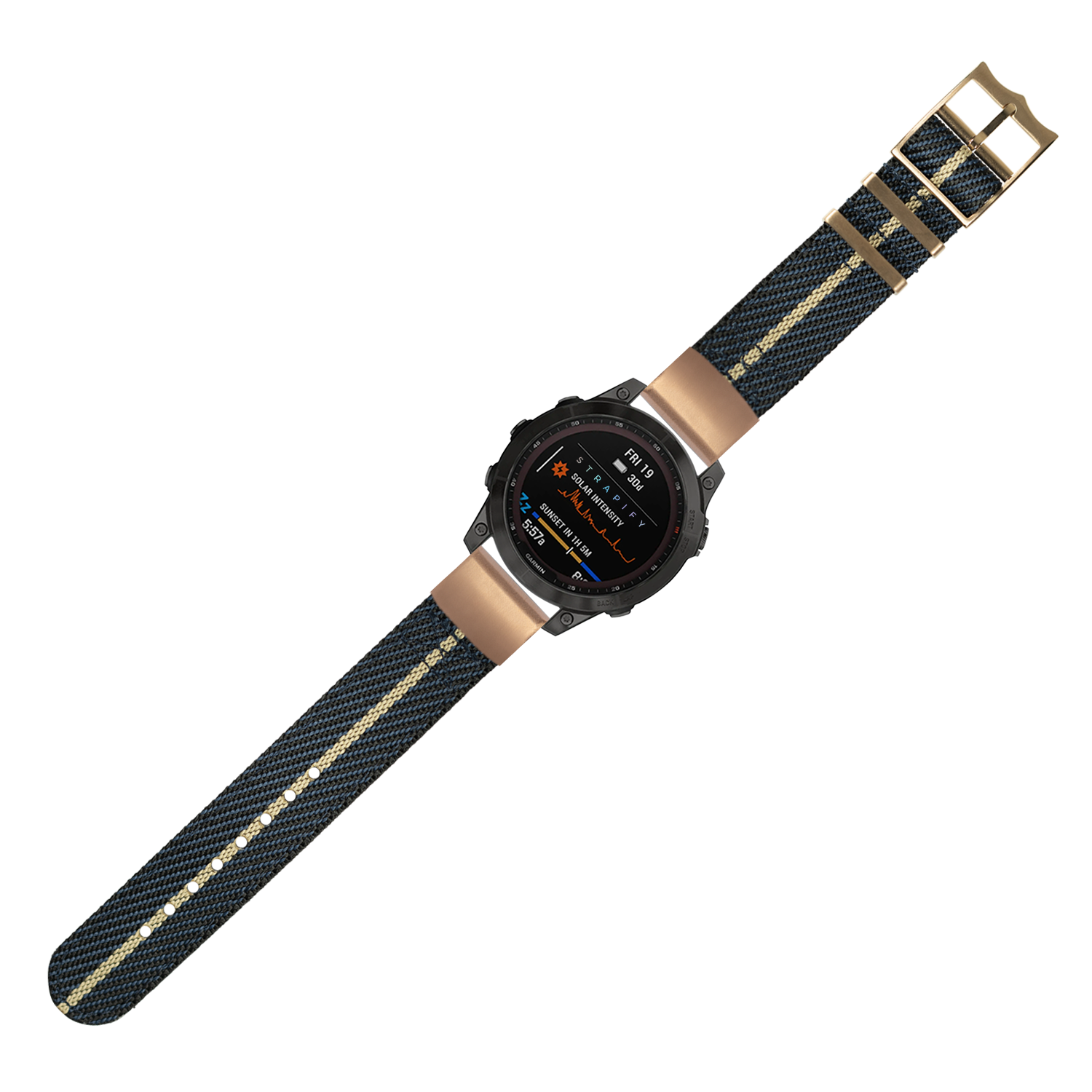 Military-style smartwatch with black digital display, rose gold hardware, and blue cross-pattern textile strap with wheat stripe detail