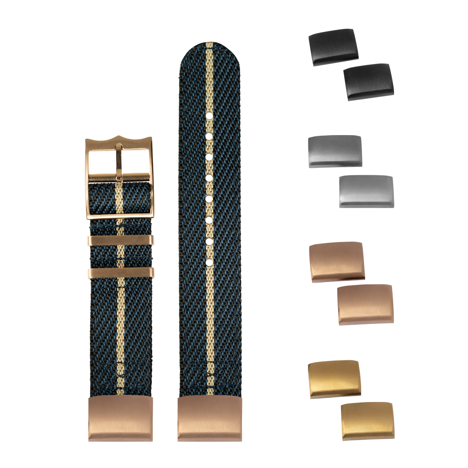 Blue and khaki woven military watch strap with rose gold hardware and interchangeable buckles in multiple finishes