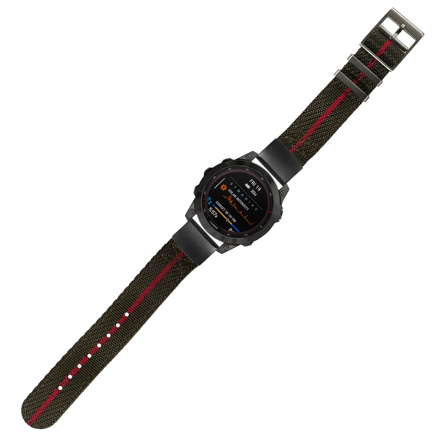 Military tactical smartwatch with AMOLED display, olive green and red canvas strap, digital fitness tracking interface