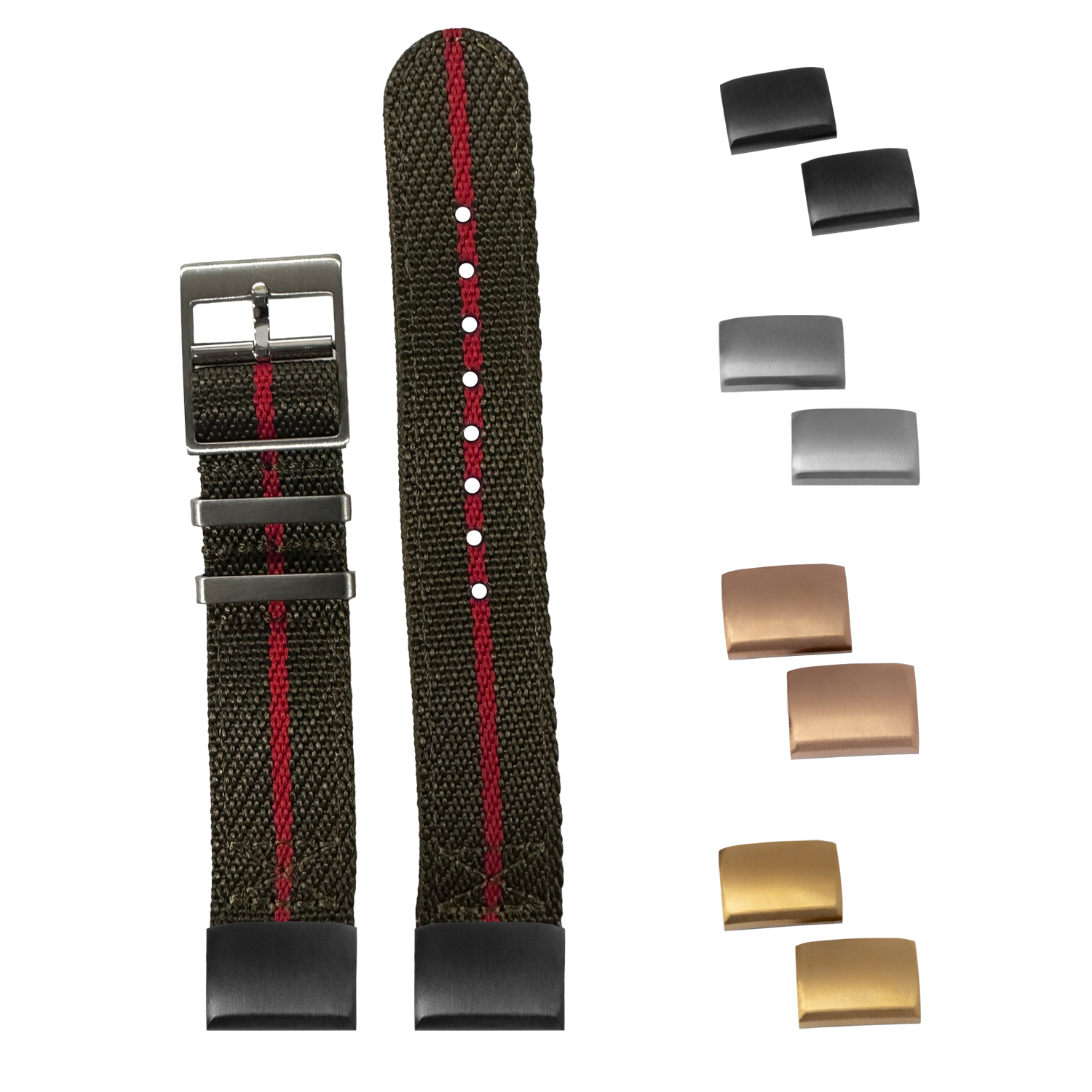 Olive green and red nylon fabric watch strap with quick-release pins and interchangeable metal buckles in silver, black, bronze, and gold finishes