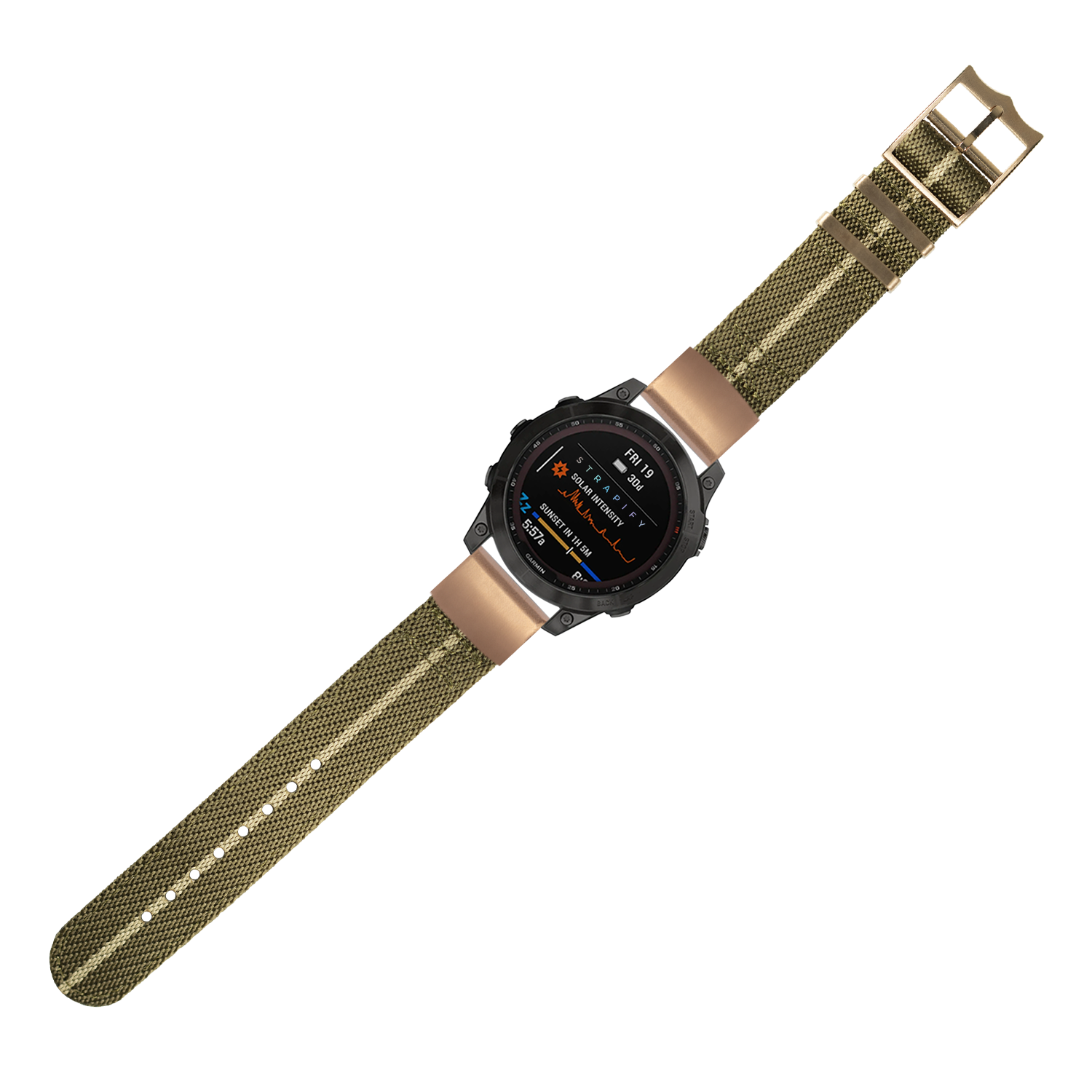 Military tactical smartwatch with olive green canvas QuickFit strap, black digital dial with orange text display, and wheat-colored metal keeper band