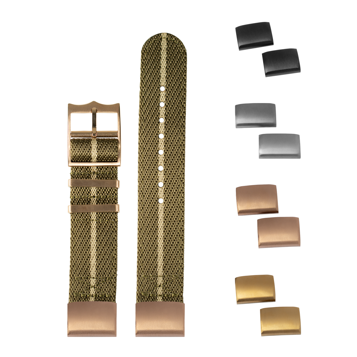 QuickFit Cross Militex olive green and wheat fabric watch strap 20mm with interchangeable rose gold and silver tone buckles