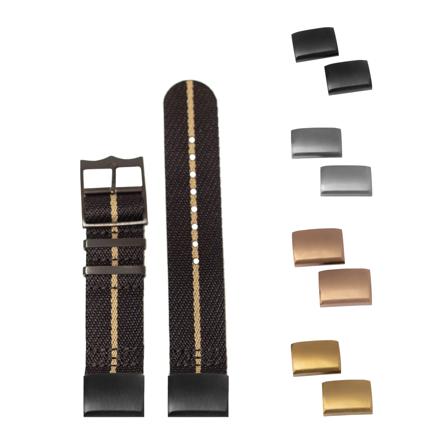 Black fabric watch strap with wheat stripe, interchangeable hardware in black, bronze and gold finishes