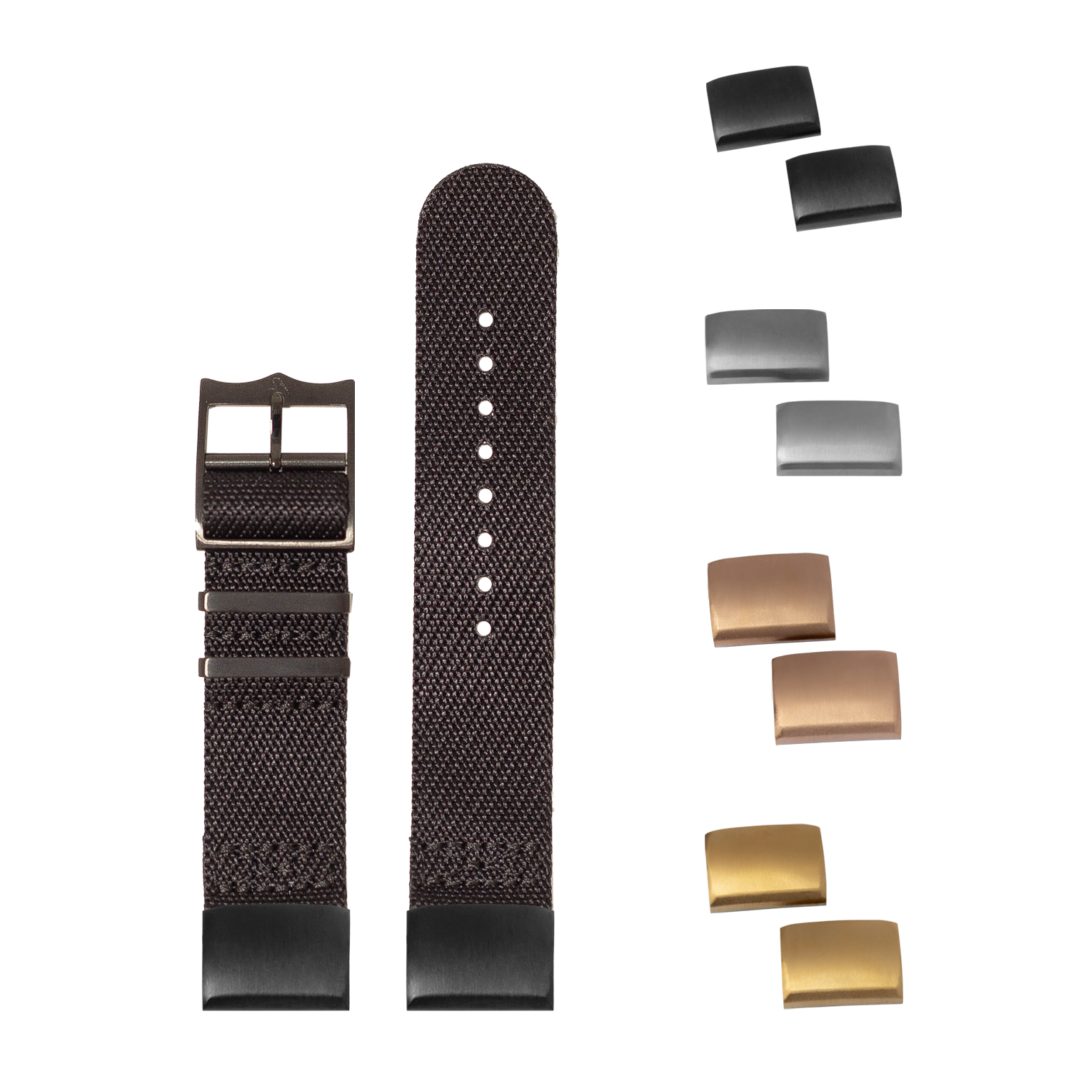 QuickFit Cross Militex Stealth Black watch strap with interchangeable hardware in black, bronze, and silver finishes