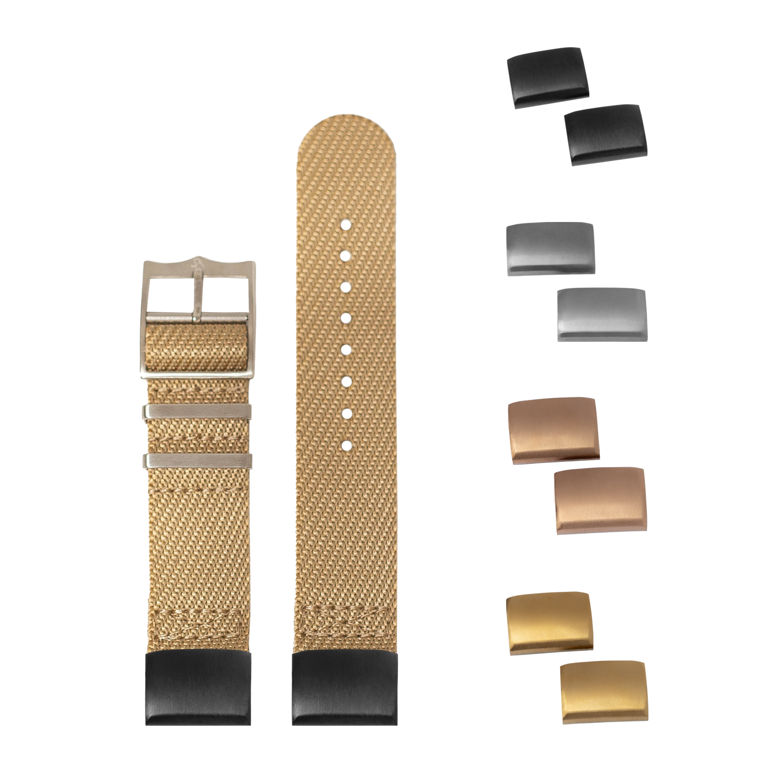 QuickFit Cross Militex wheat fabric watch strap 20mm with interchangeable metal buckles in black, silver, and gold finishes