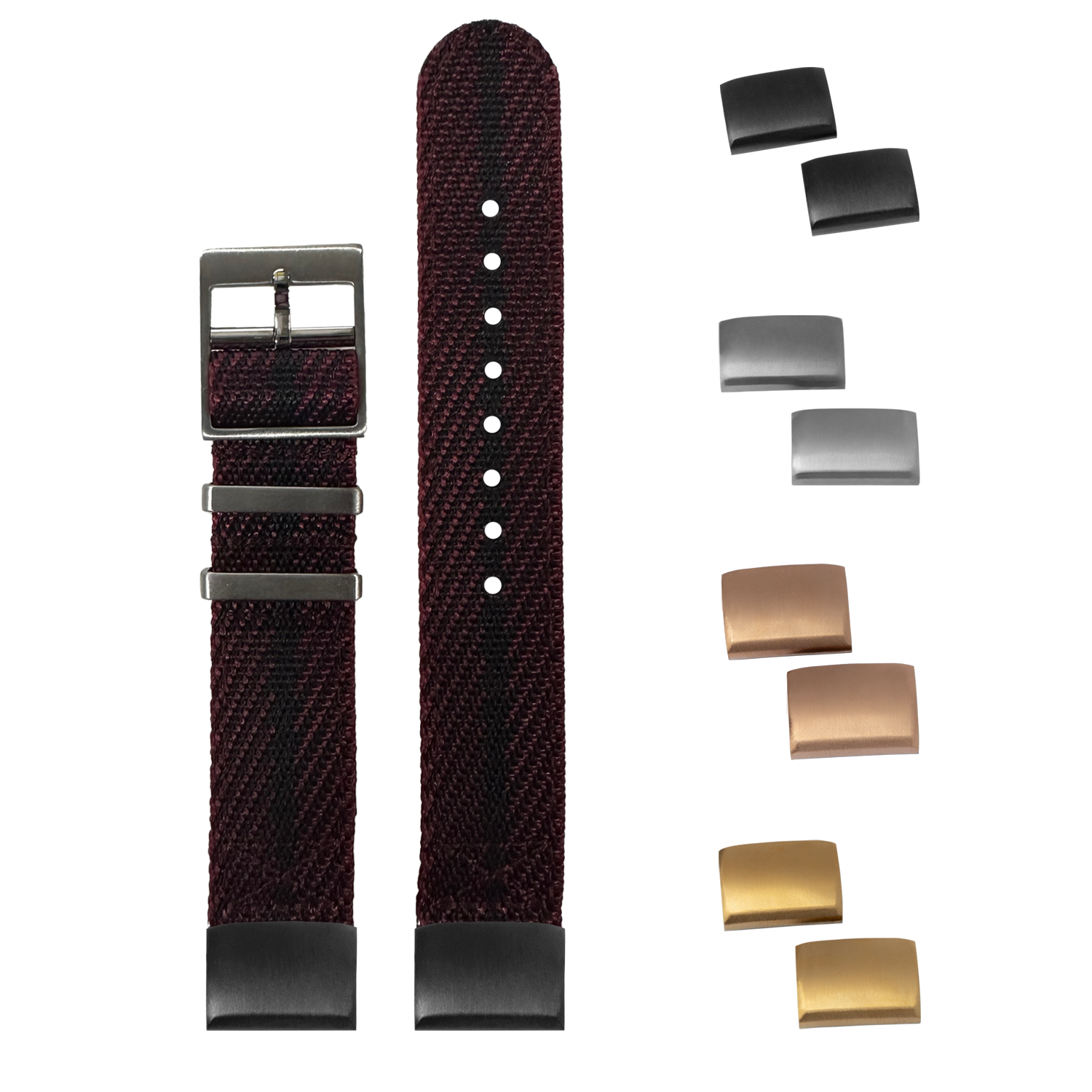 QuickFit Cross Militex wine red and black fabric watch strap with interchangeable metal buckles and keepers