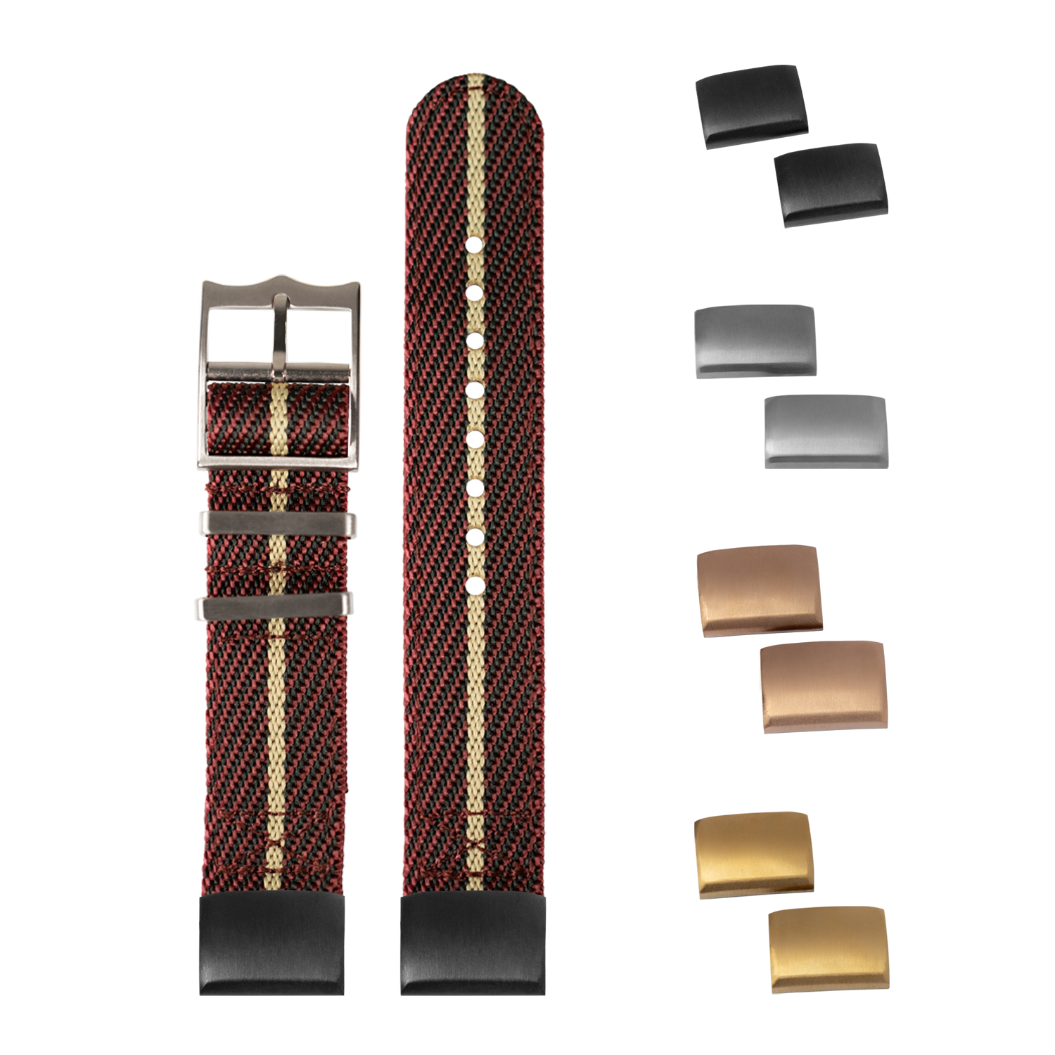 QuickFit Cross Militex wine red and wheat fabric watch strap with interchangeable buckles in gunmetal, silver, bronze and gold finishes