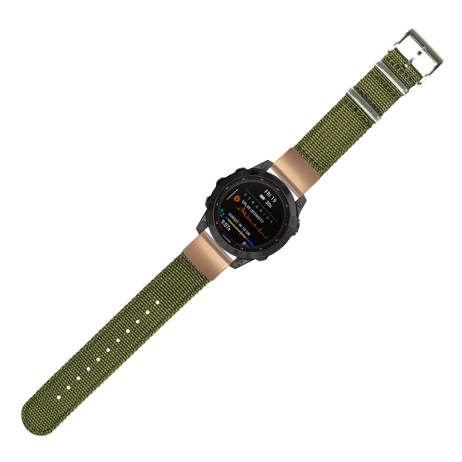 Tactical smartwatch with olive green nylon fabric strap, steel buckle, and black digital face with orange text display