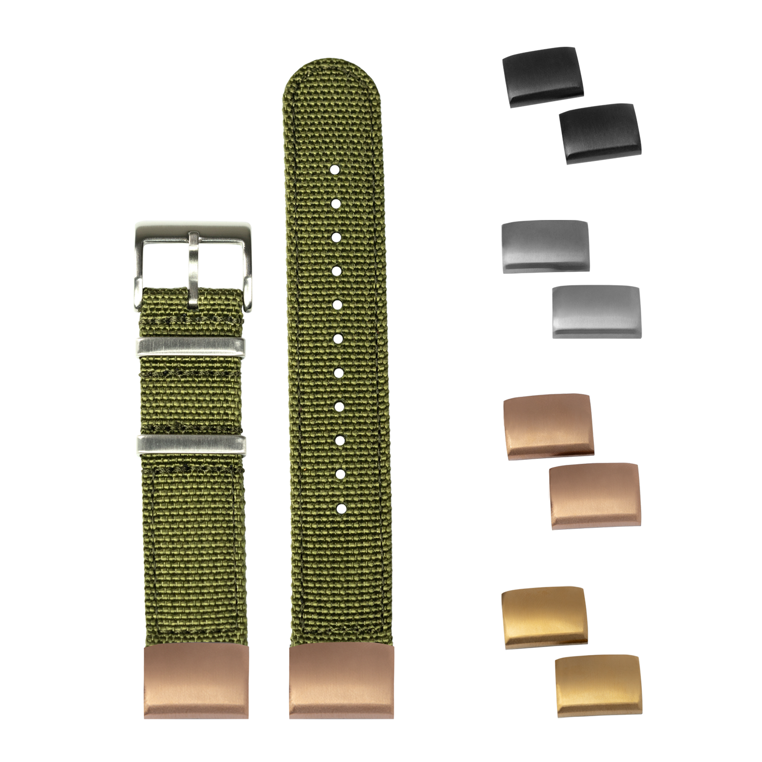 Olive green canvas military watch band with interchangeable metal end links and buckle in multiple finishes