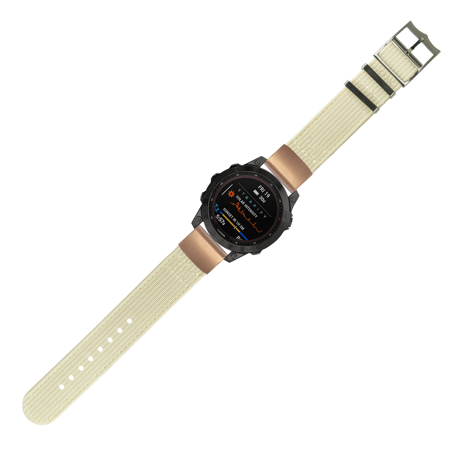Tactical smartwatch with black digital display, beige fabric QuickFit strap, rose gold hardware, and military-style design