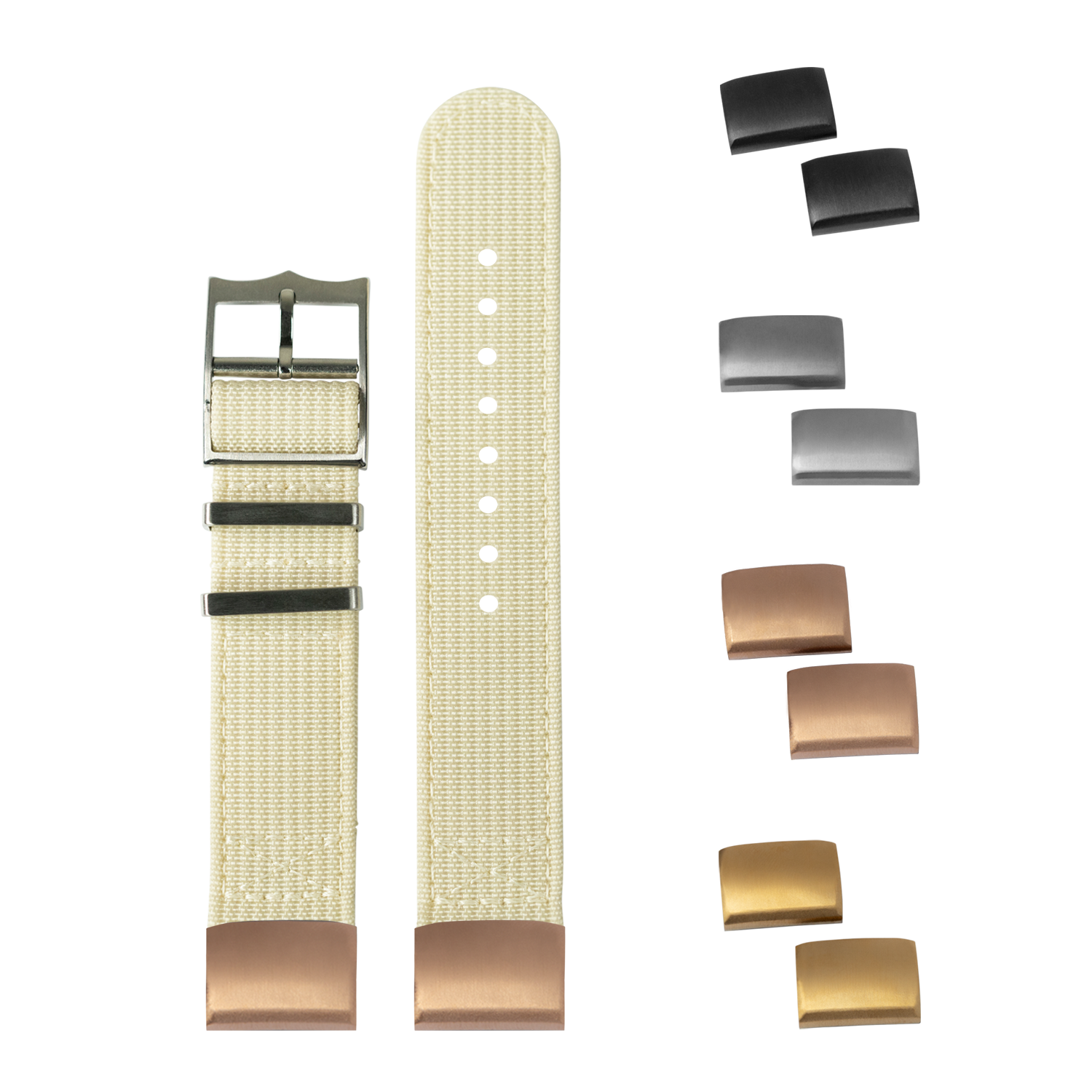 Beige fabric watch strap with interchangeable metal buckles and end links in multiple finishes including black, silver, bronze and gold