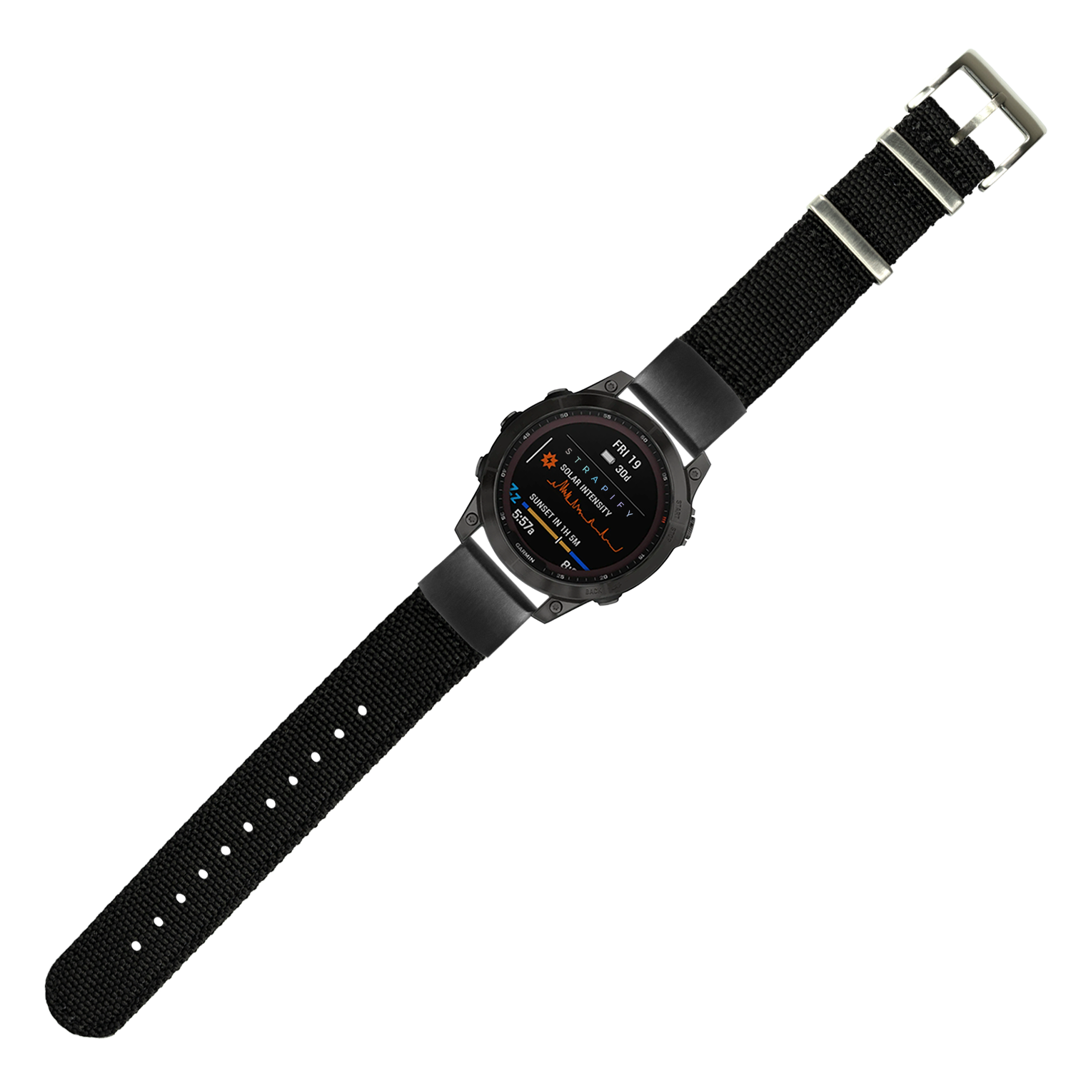 Black tactical smartwatch with digital display, black fabric strap, and metal buckle hardware, military-style design