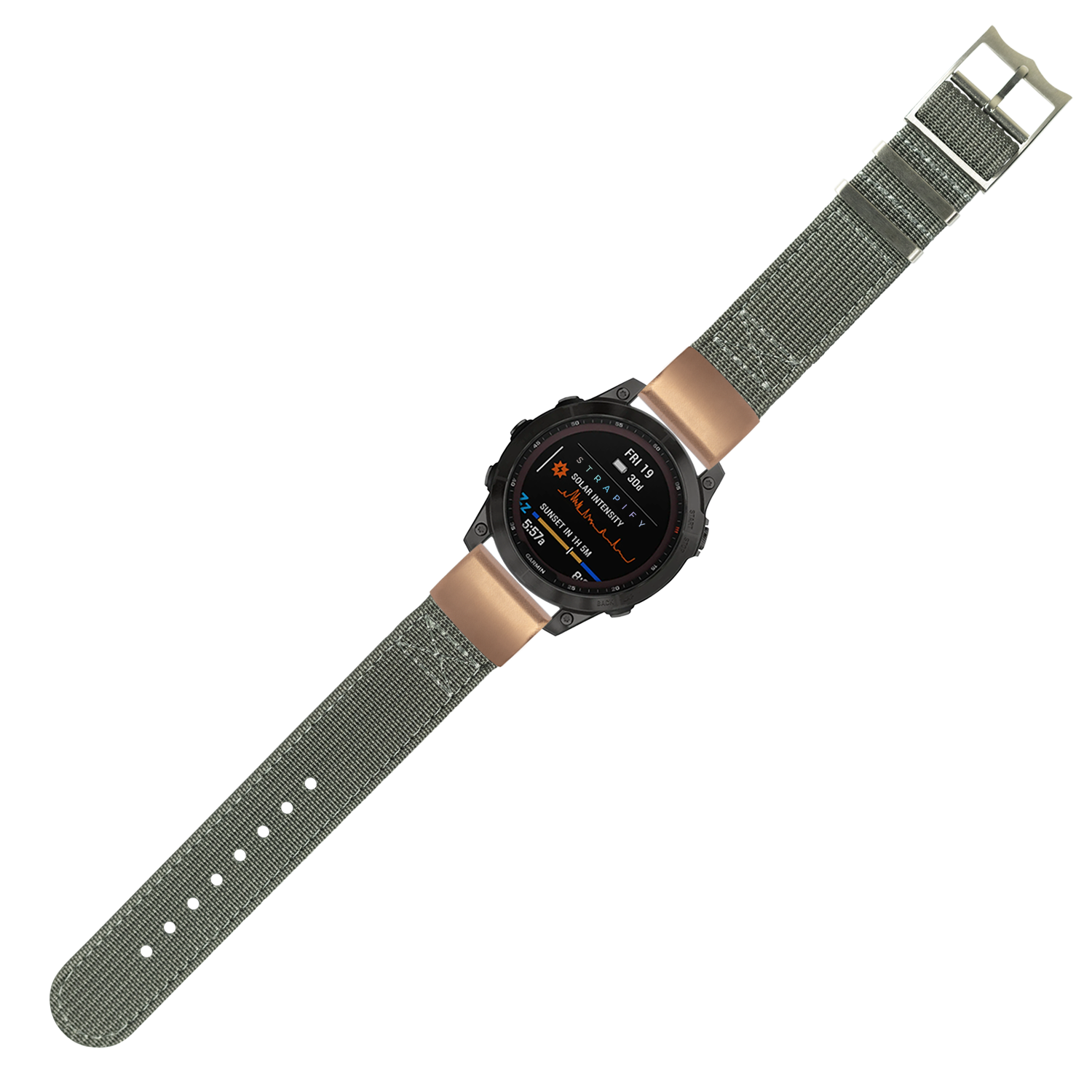 Military tactical smartwatch with AMOLED display, grey nylon QuickFit band, rose gold bezel, and digital fitness tracking interface