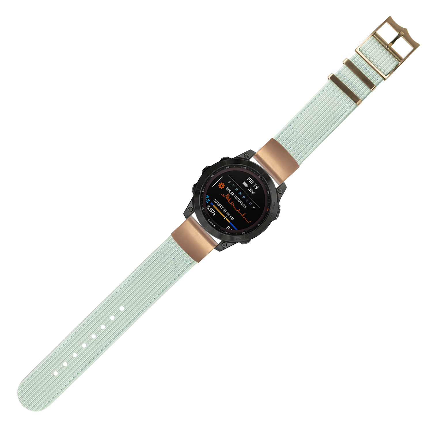 Digital sports watch with light blue tactical fabric band and bronze hardware displaying fitness metrics on AMOLED screen