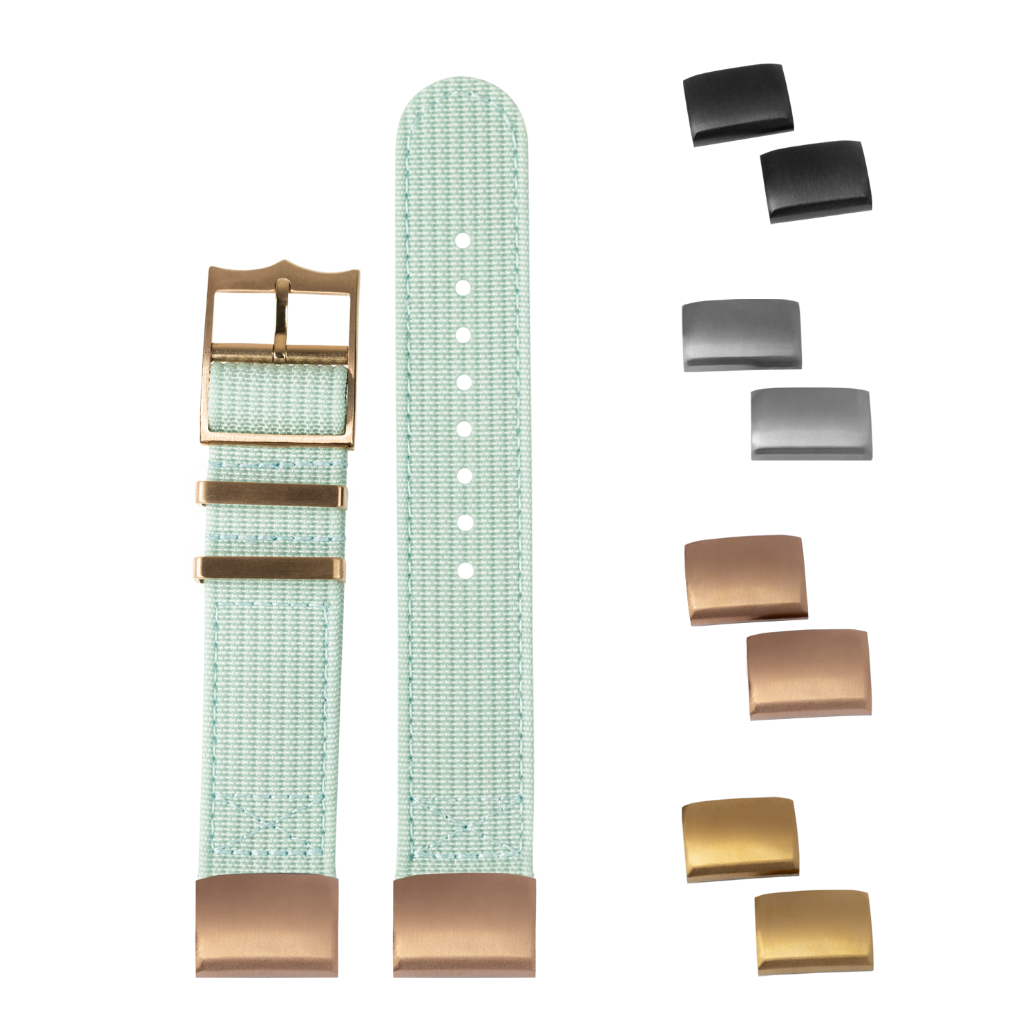 QuickFit Alpha Militex light blue canvas watch band 20mm with interchangeable bronze buckles and metal keepers