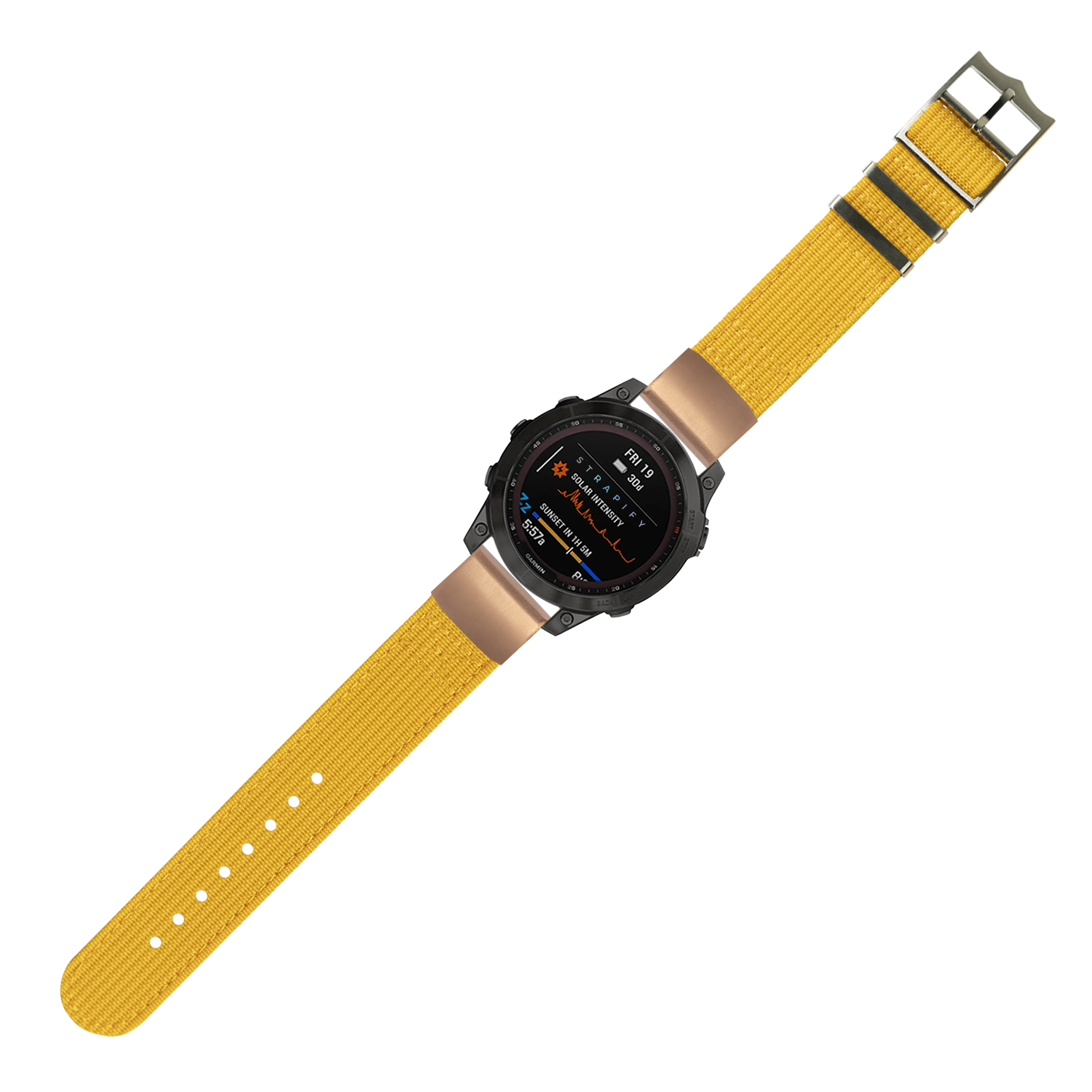 Tactical smartwatch with black digital display and mustard yellow fabric quickfit strap with metal hardware