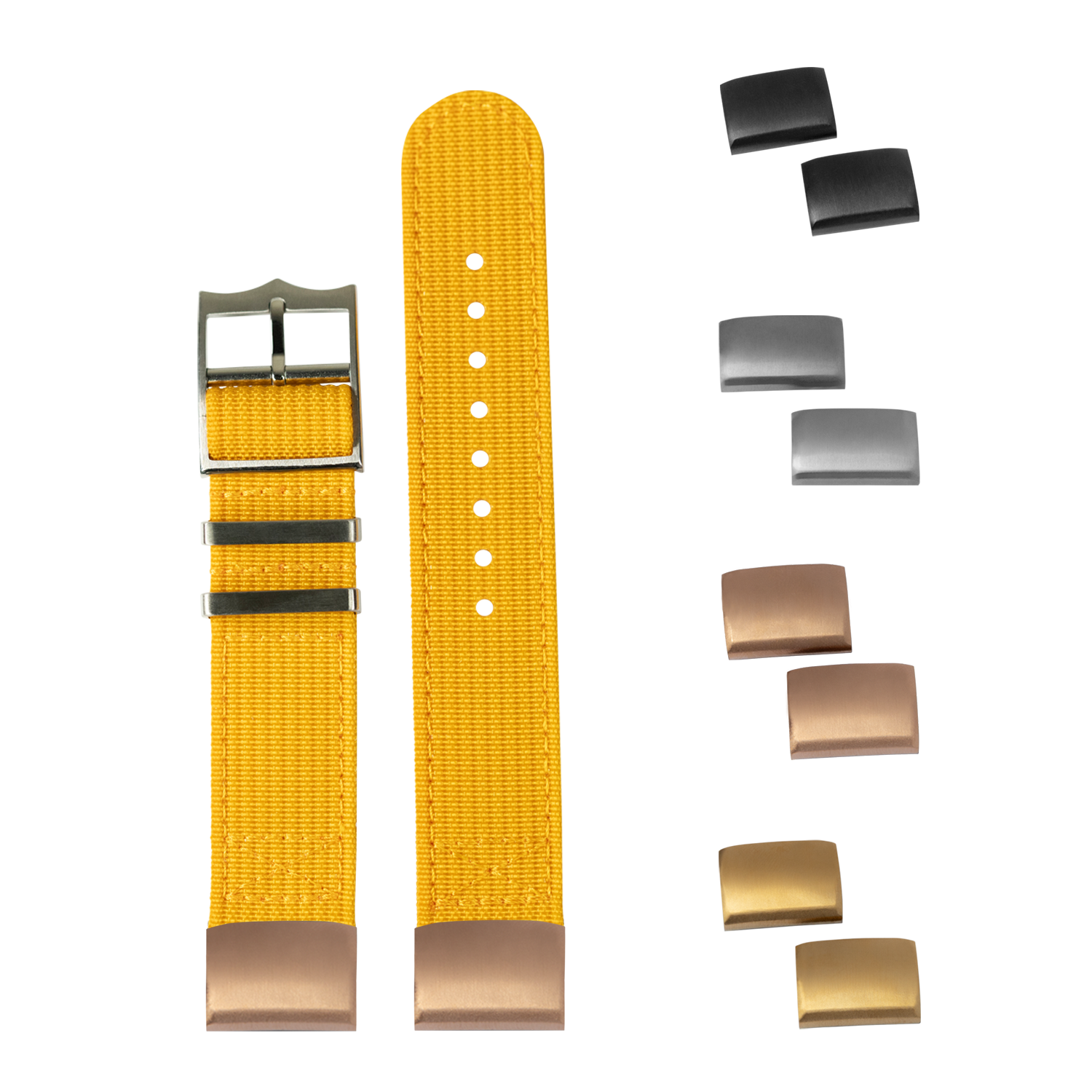 Yellow fabric military watch strap 20mm with interchangeable metal buckles and keepers