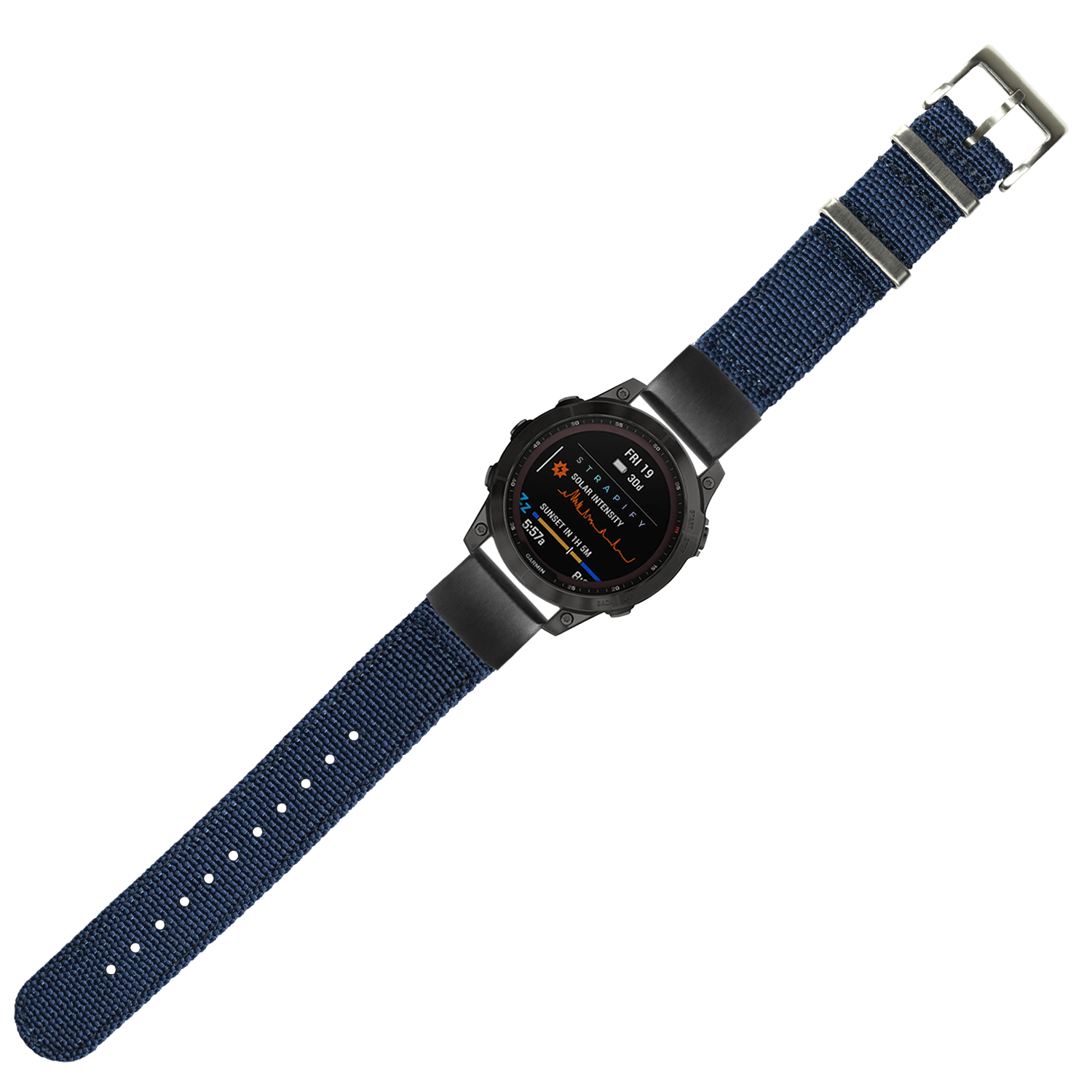 Black digital smartwatch with navy blue fabric strap and metal buckle, featuring AMOLED touchscreen display and military-style design
