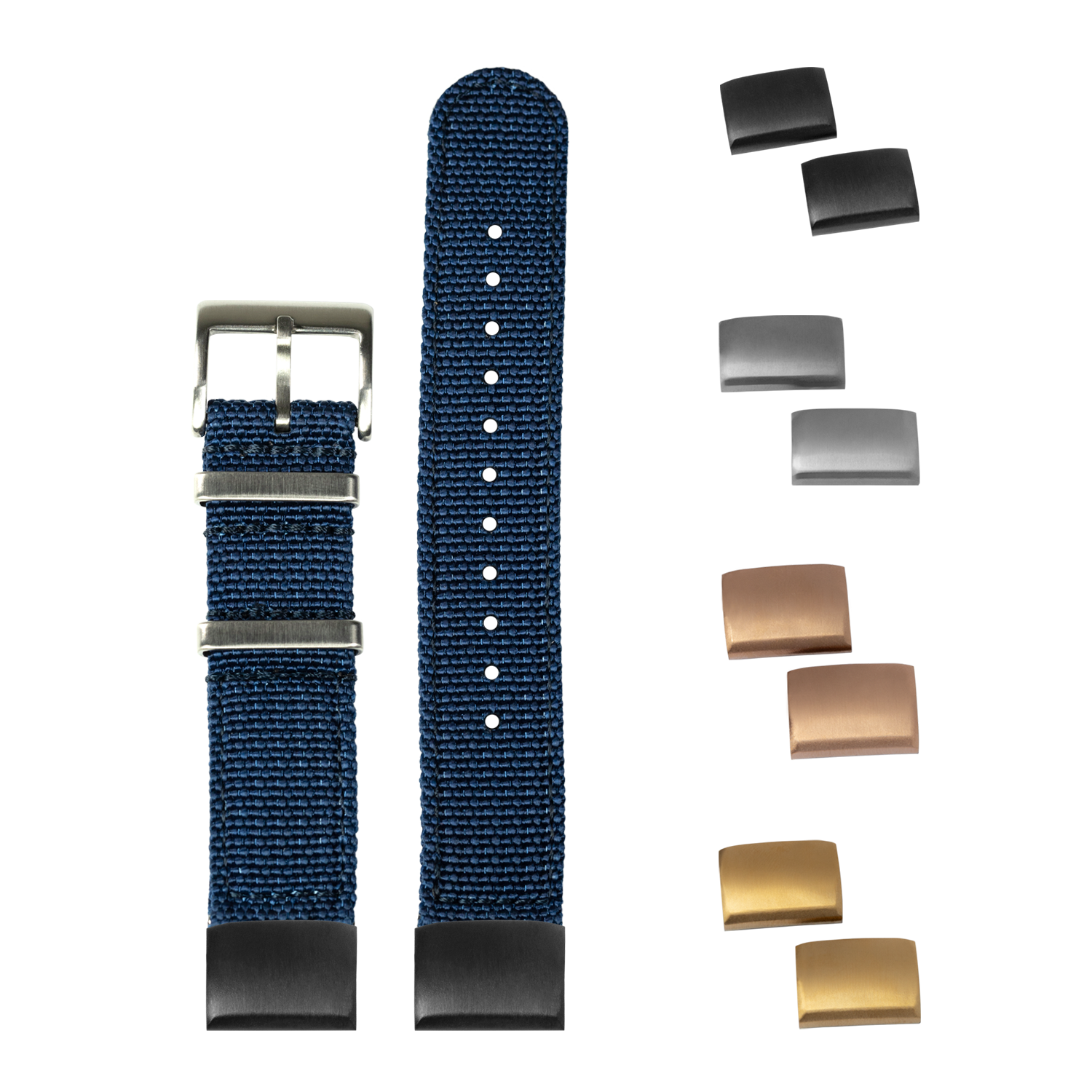 Navy blue militex quick-fit watch strap with interchangeable metal buckles and end links