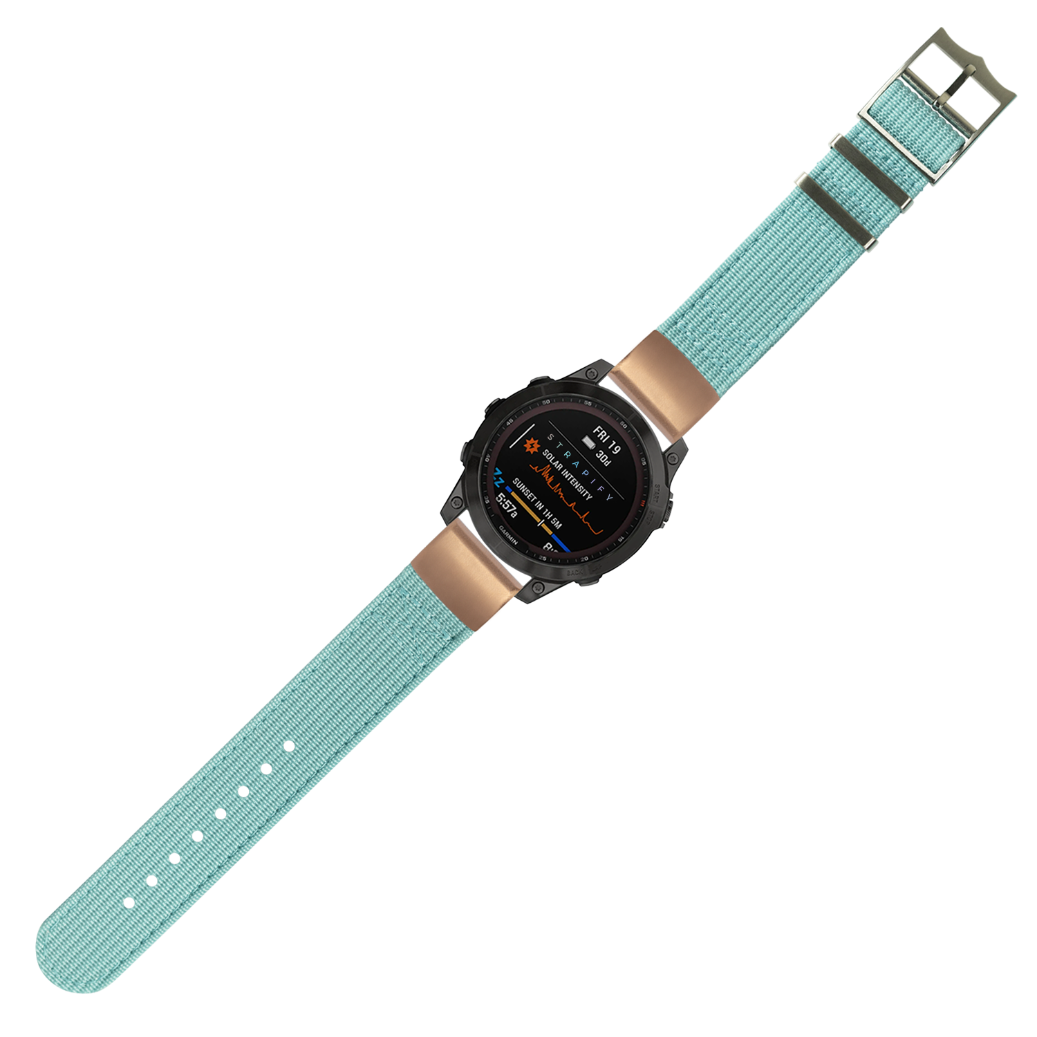Sports smartwatch with tiffany blue fabric band, bronze case, and digital AMOLED display showing fitness metrics