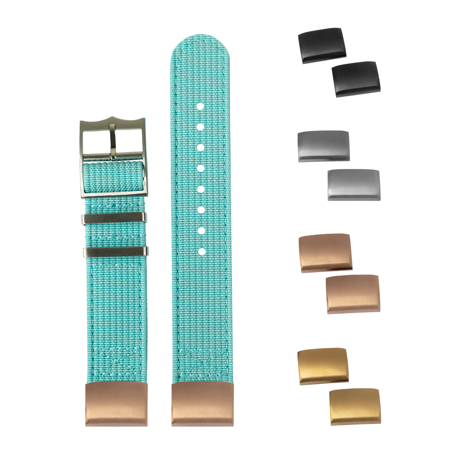 Turquoise canvas watch strap with interchangeable buckles and metal end links in gold and gunmetal finishes