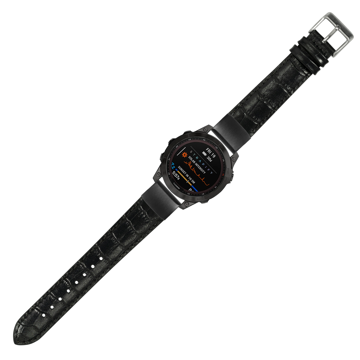 Black alligator leather smartwatch band with silver buckle and digital display showing fitness metrics