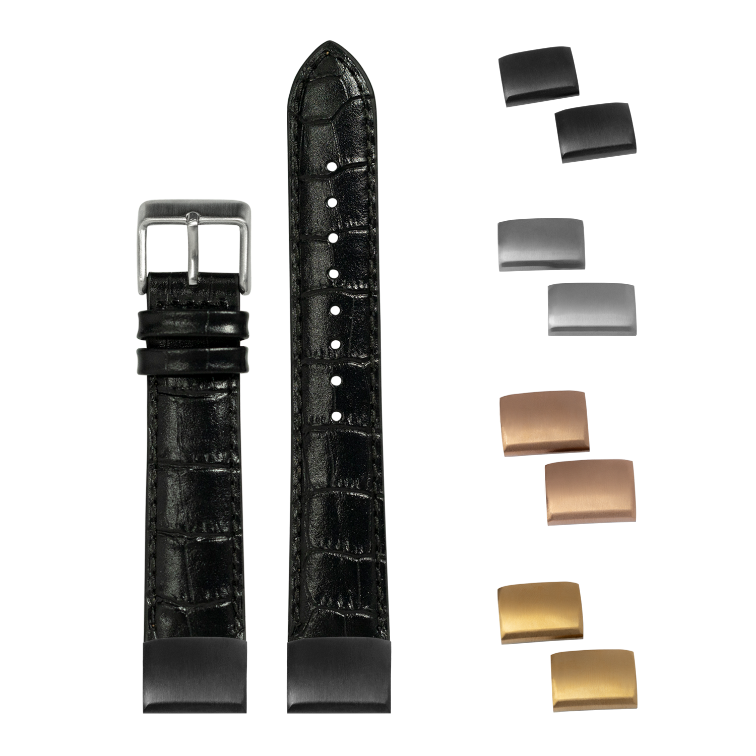 Black alligator leather QuickFit watch band 20mm with interchangeable metal buckles in silver, gold, and rose gold finishes