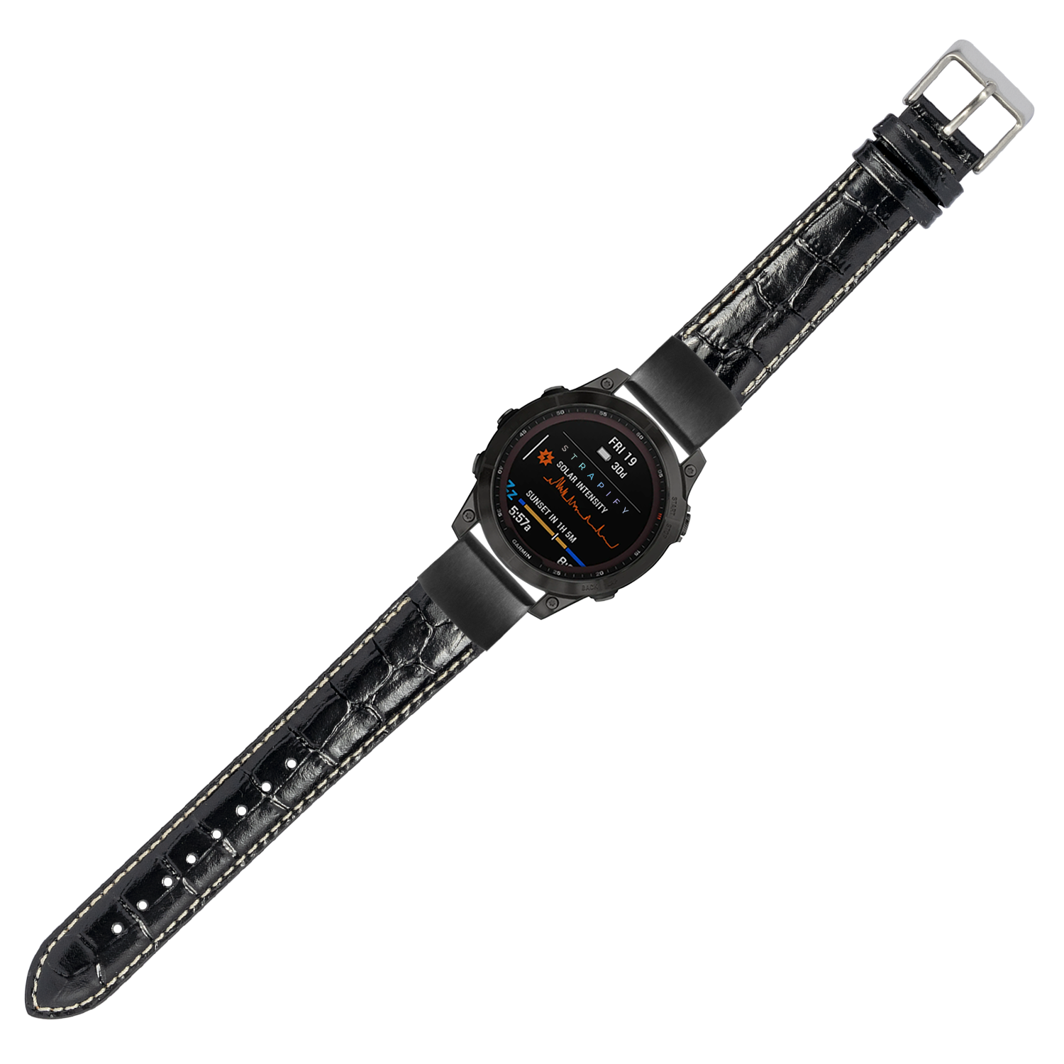 Black alligator leather smartwatch band 20mm with white stitching and silver buckle