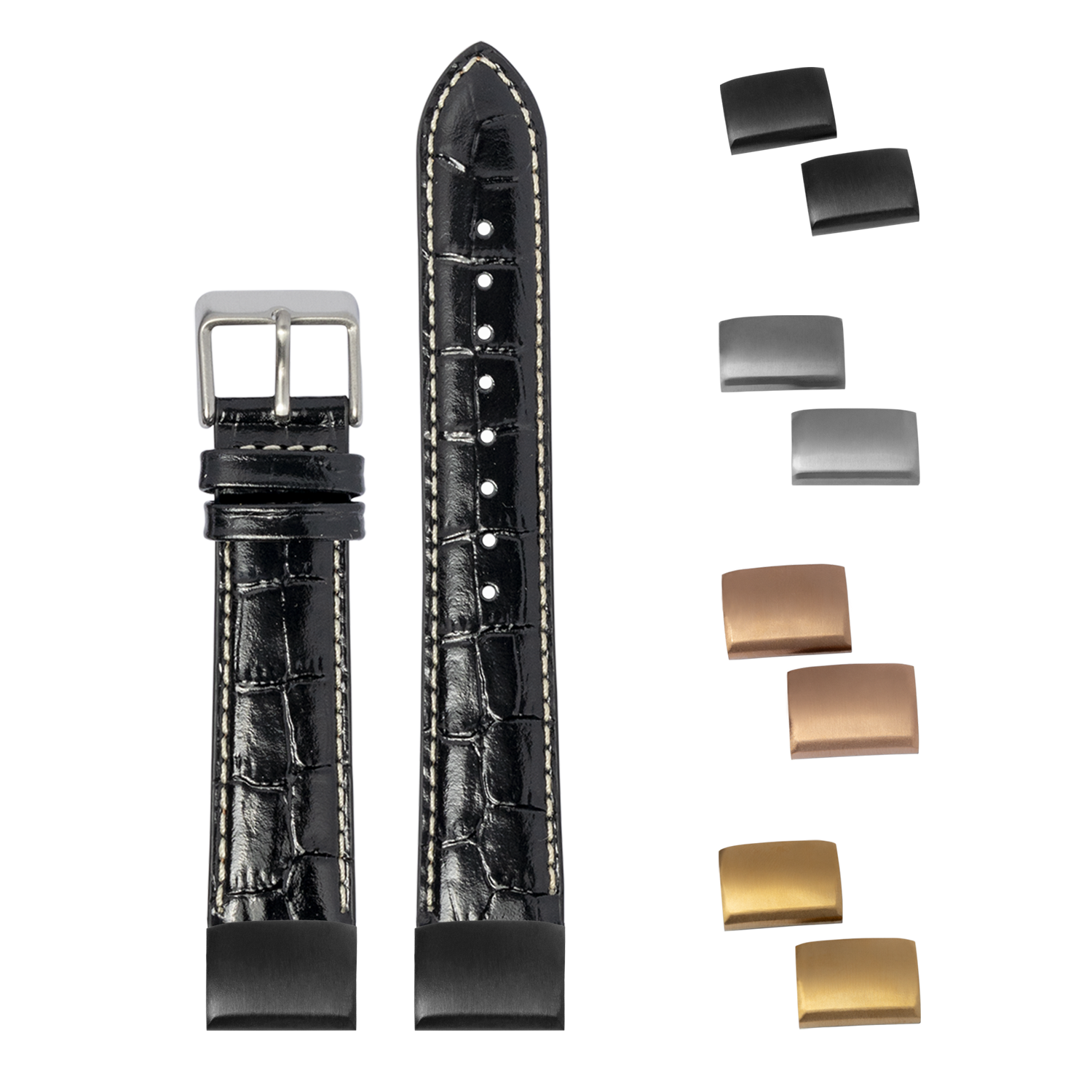 Black alligator leather watch strap 20mm with white stitching, stainless steel buckle, and interchangeable metal keepers