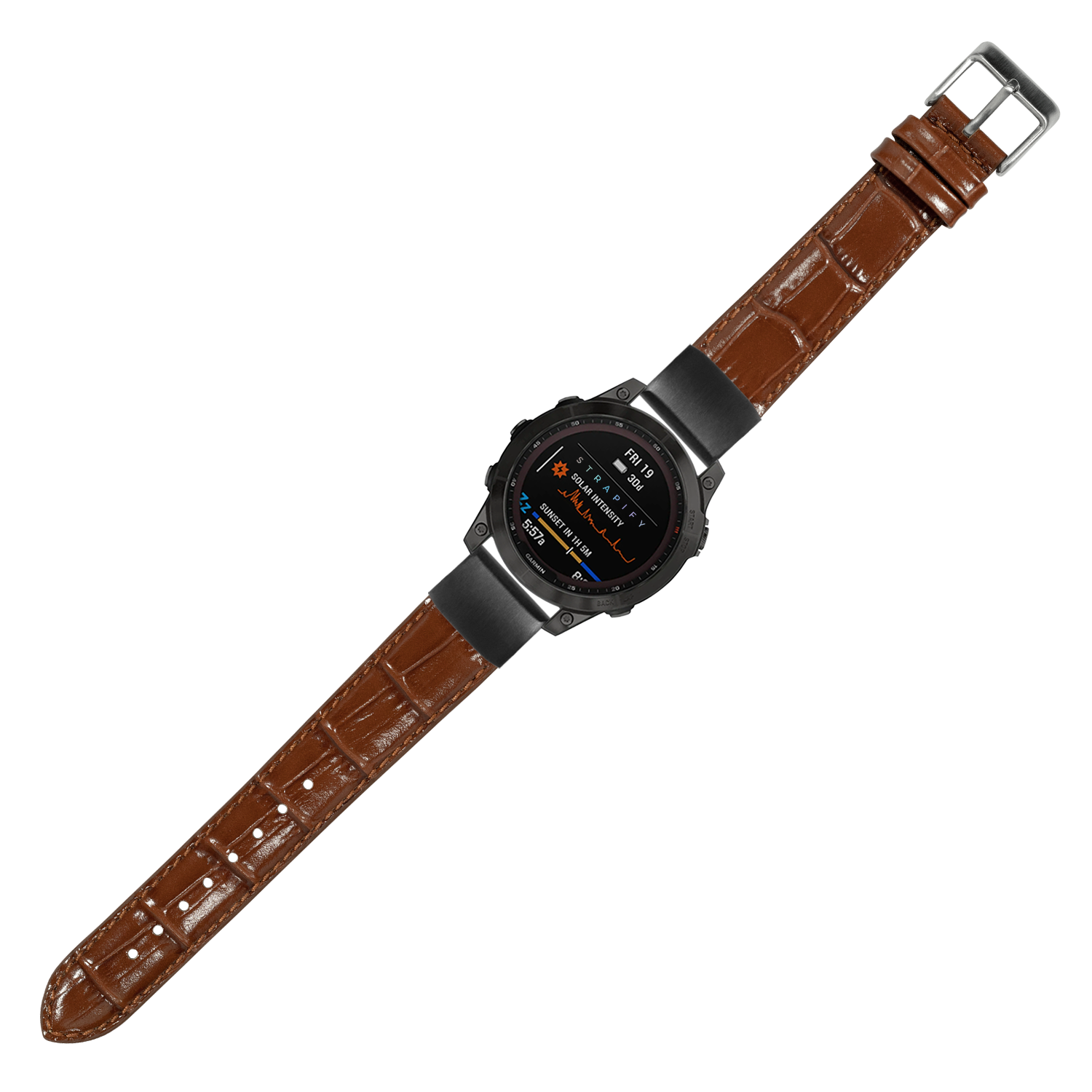 Black digital smartwatch with brown alligator leather strap and silver buckle, featuring AMOLED display showing health metrics