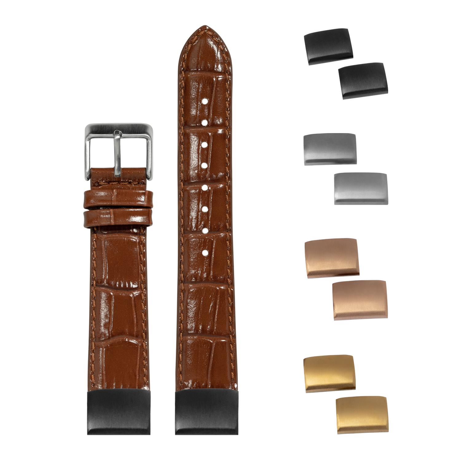 Brown alligator leather quick fit watch strap 20mm with interchangeable metal buckles in silver, black, rose gold and gold finishes