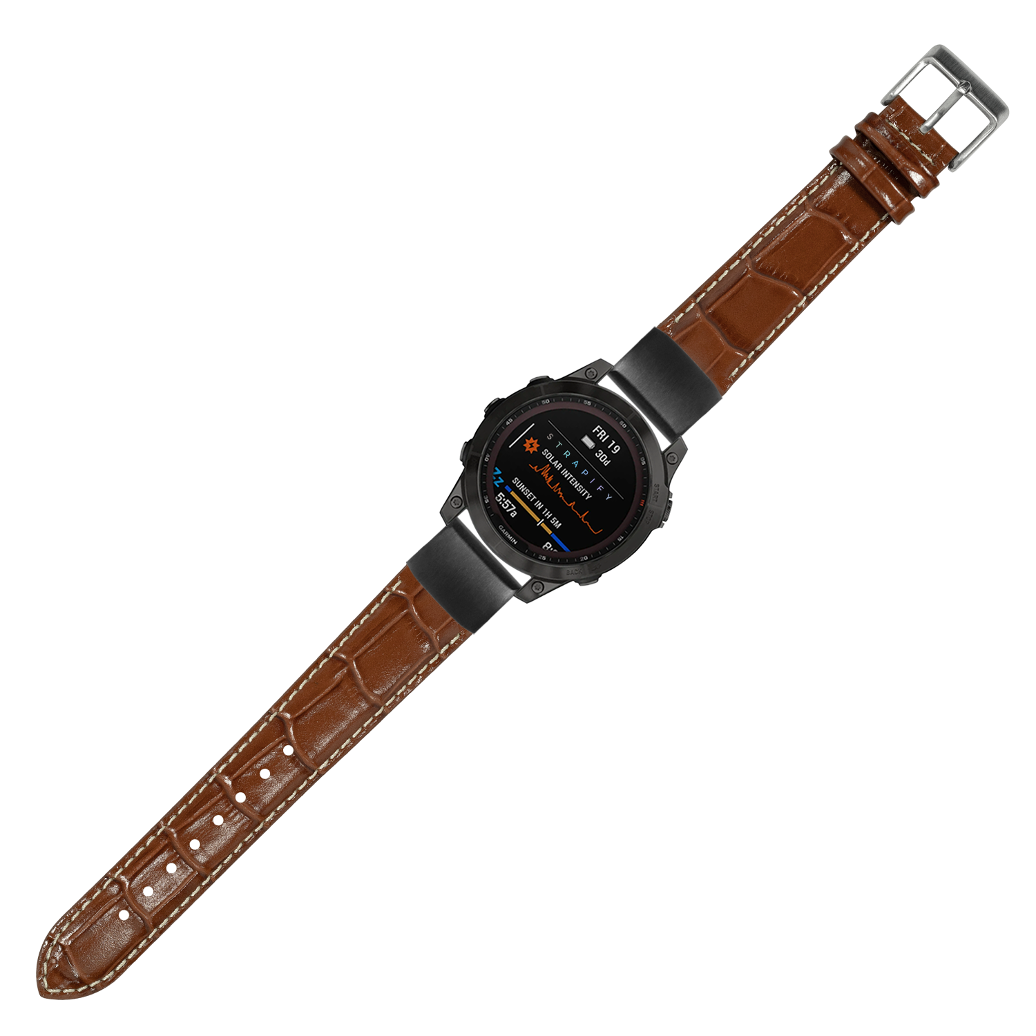 Black digital smartwatch with brown crocodile leather band and white stitching, silver buckle, AMOLED display showing fitness metrics
