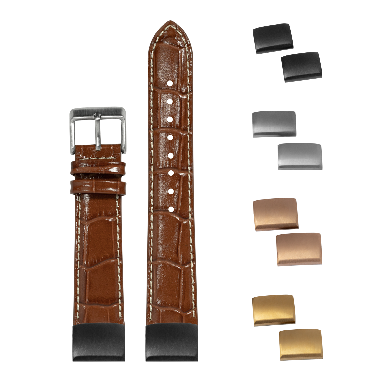 Brown alligator leather watch strap with white stitching, quick-release bars, and interchangeable metal buckles in silver, rose gold, and gold finishes