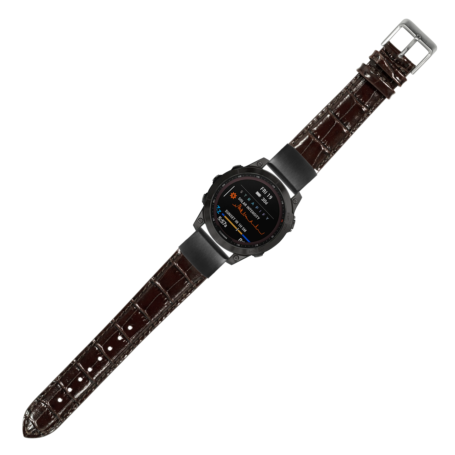 Dark brown alligator leather 20mm QuickFit watch band with silver buckle and black sports watch displaying digital interface