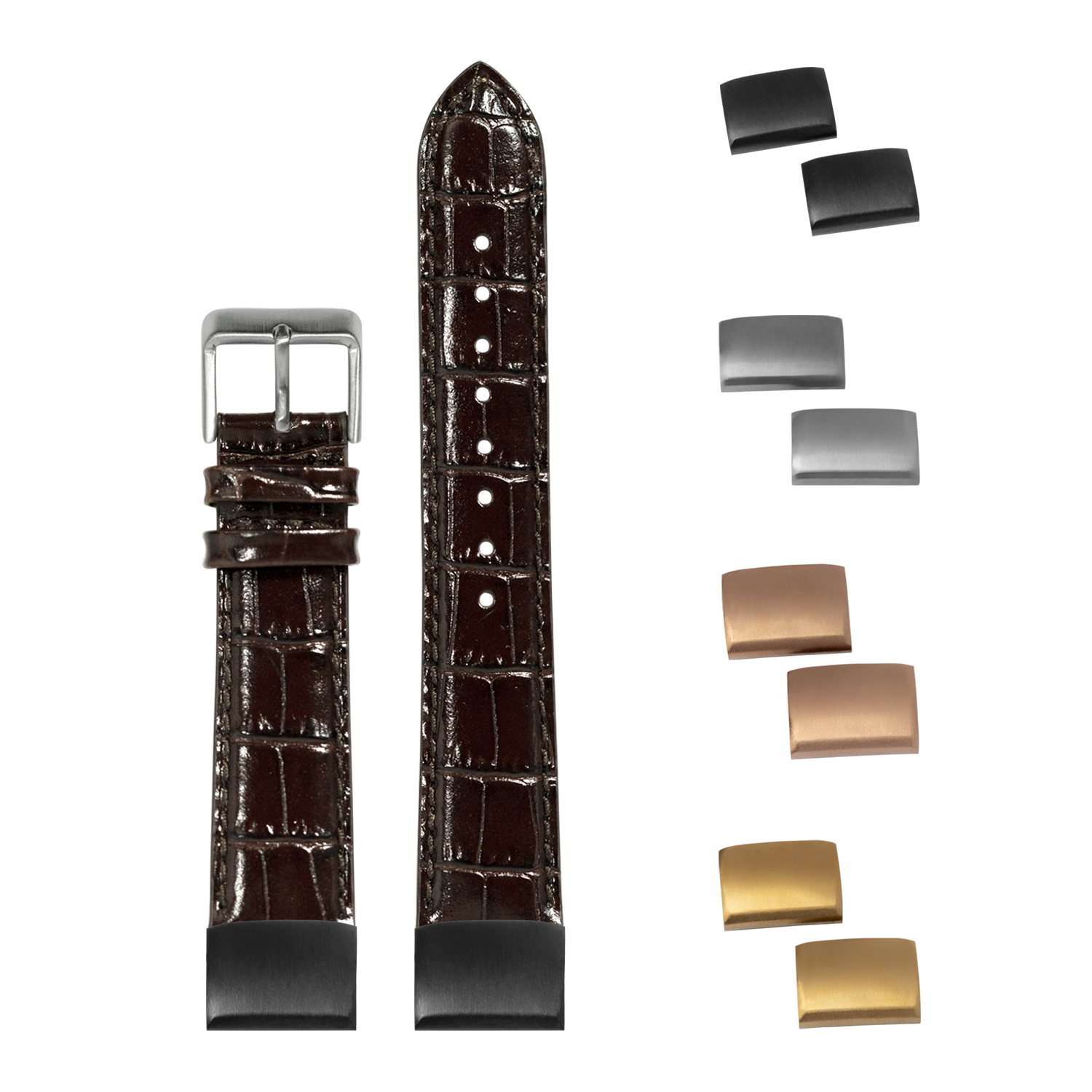 Dark brown alligator leather watch strap with quick-fit system, interchangeable metal buckles and end links included