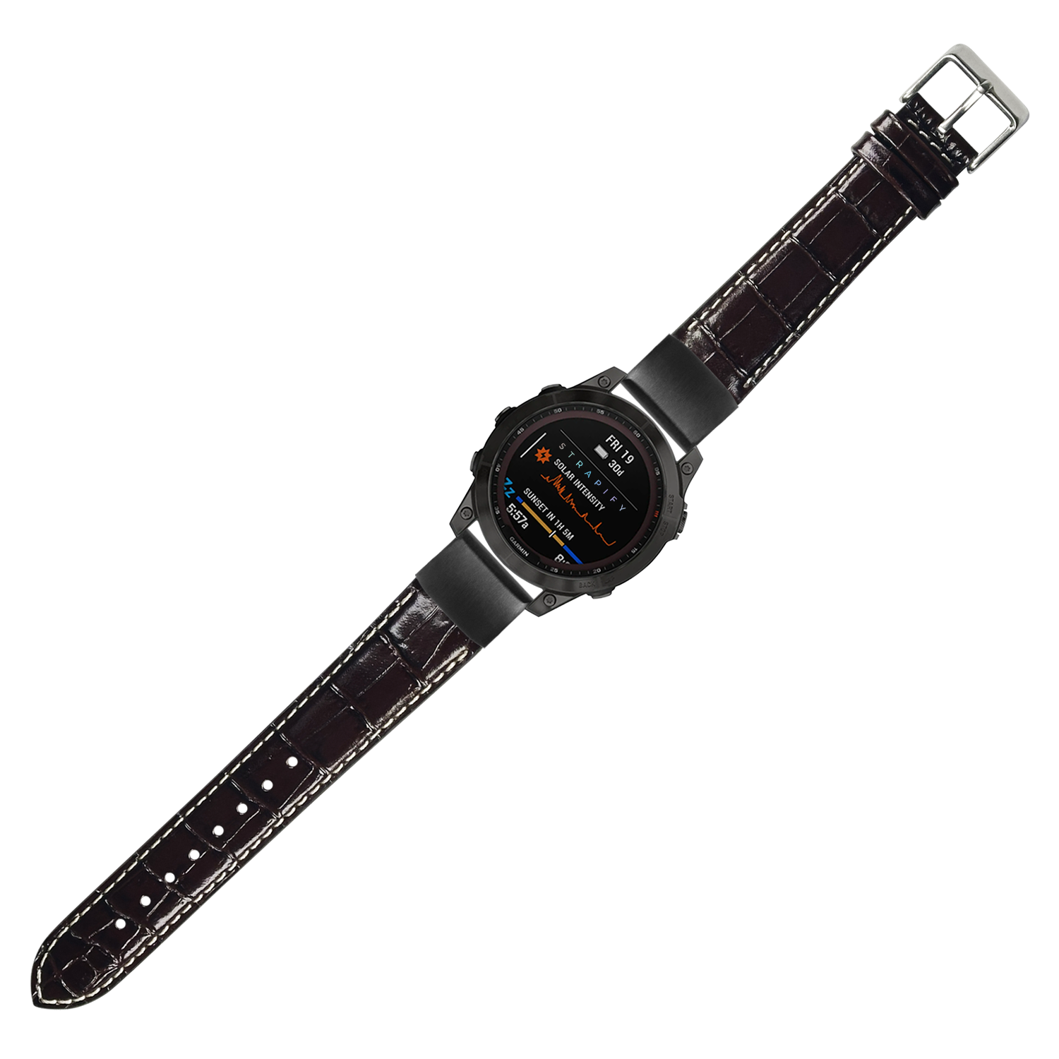 Black digital smartwatch with dark brown alligator leather strap and contrast white stitching, 20mm QuickFit band