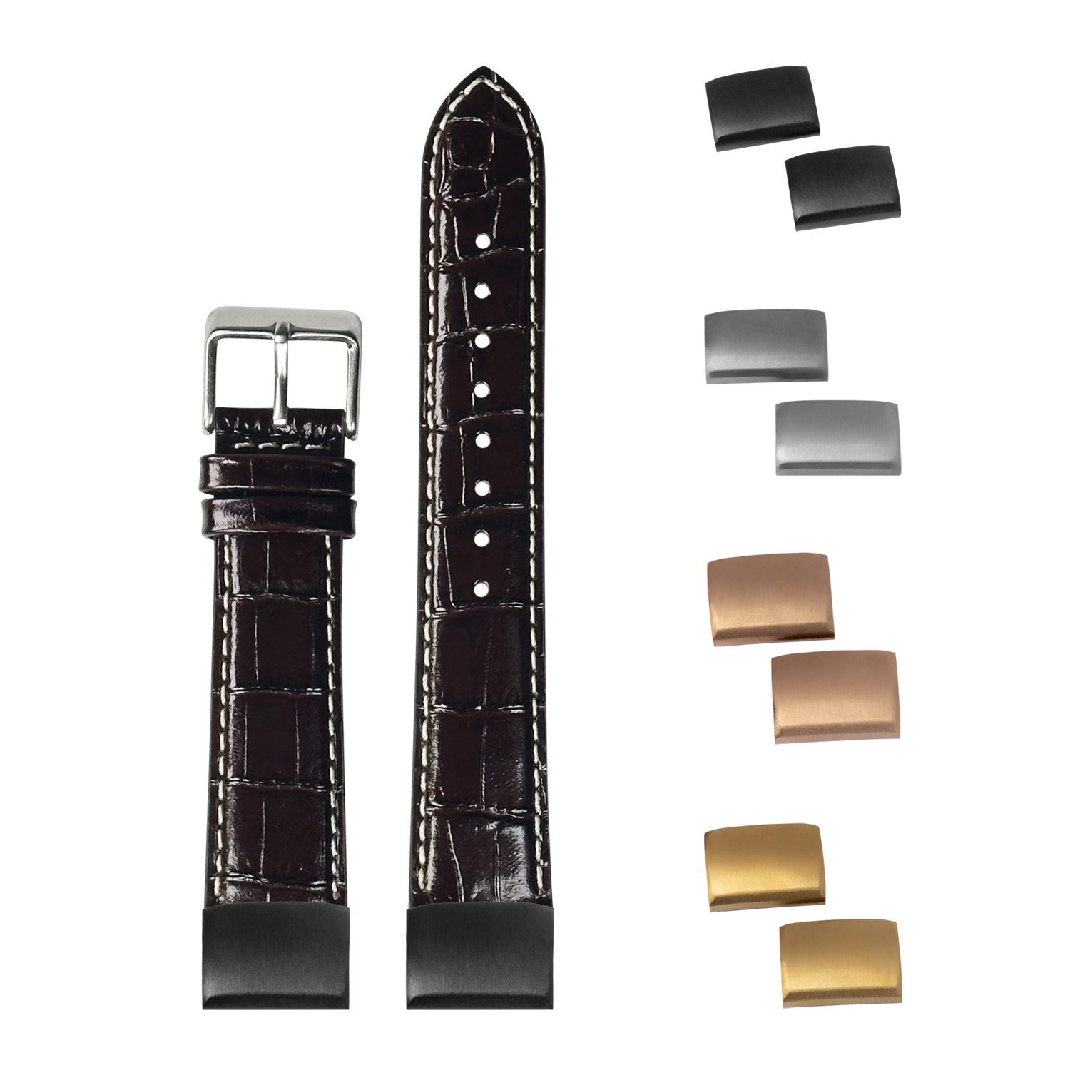 QuickFit alligator leather watch band dark brown 20mm with contrast stitching and interchangeable metal buckles