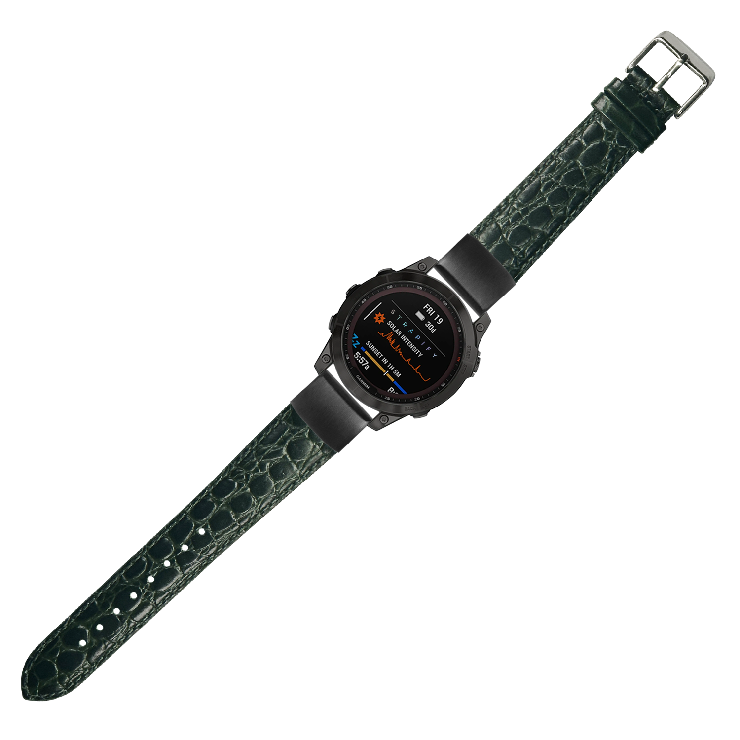 Black smartwatch with AMOLED display and dark green alligator leather band with metal buckle