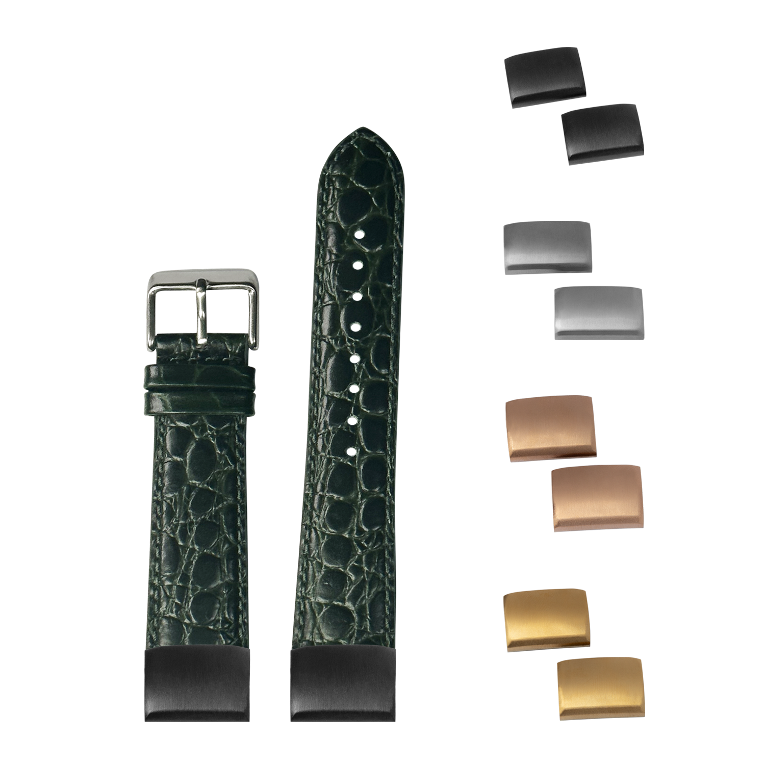QuickFit dark green alligator leather watch strap 20mm with interchangeable metal buckles in silver, gold, and black finishes