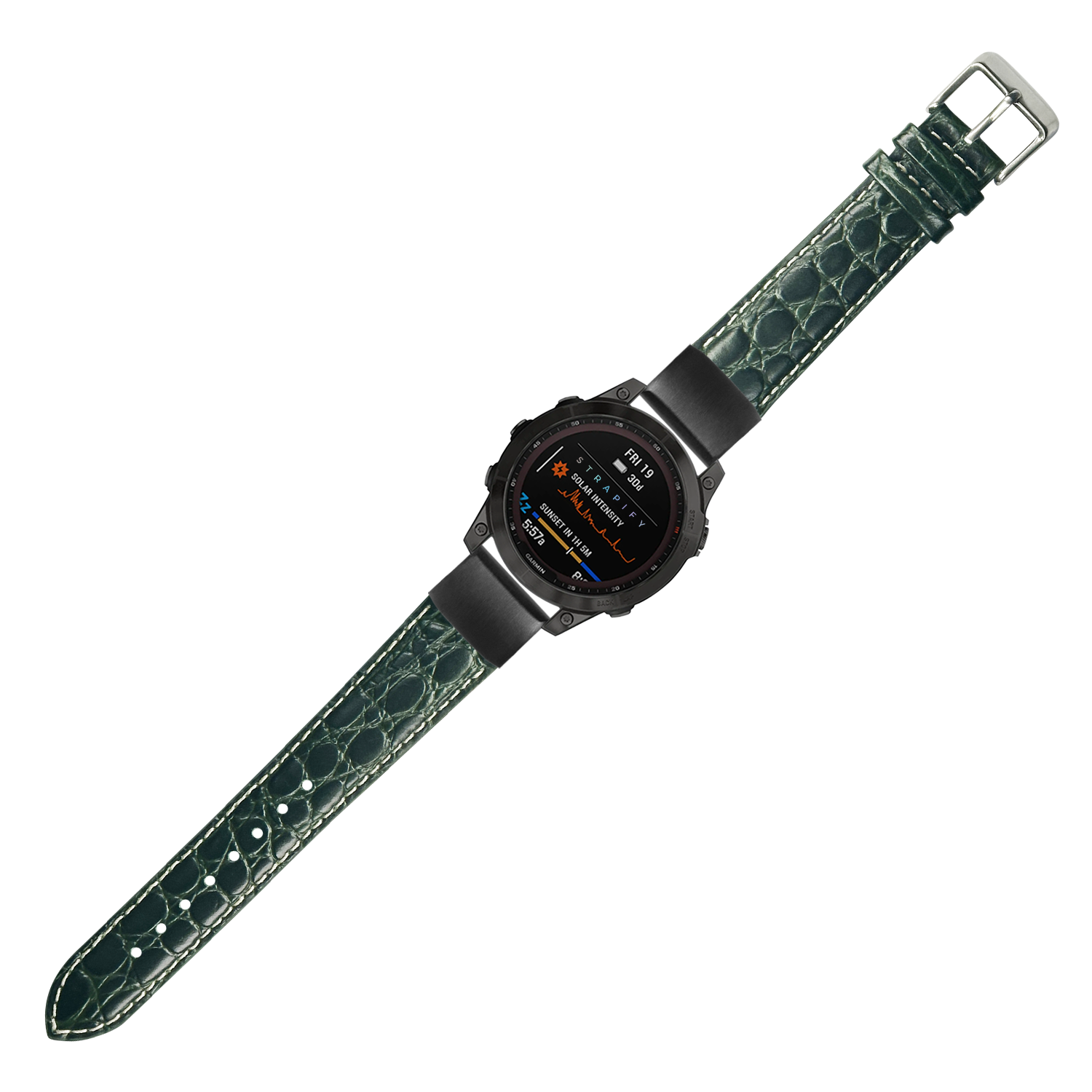 QuickFit alligator leather watch band 20mm dark green with white stitching and silver buckle