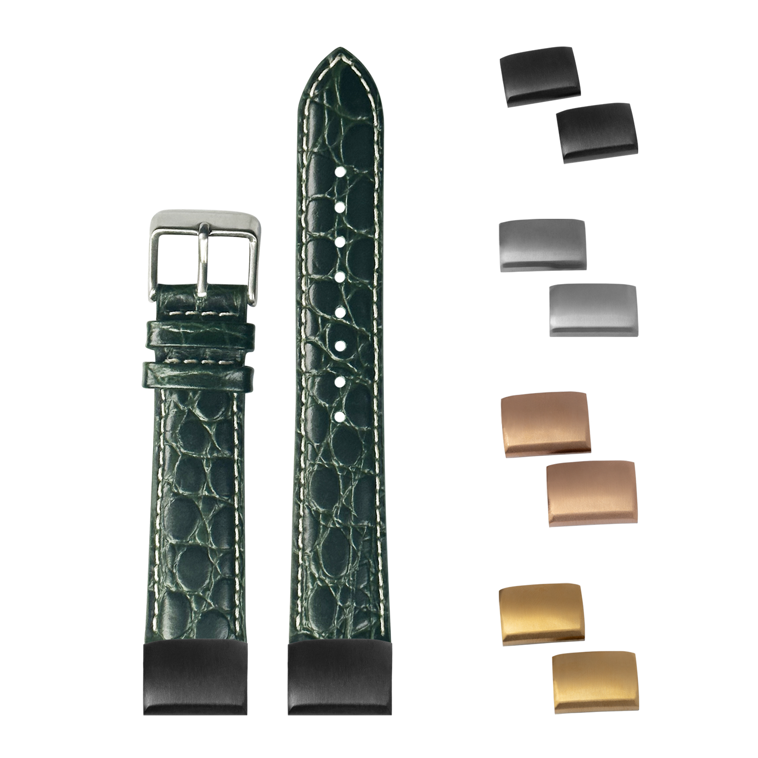 Dark green alligator leather watch strap 20mm with white stitching, interchangeable buckles and end links included