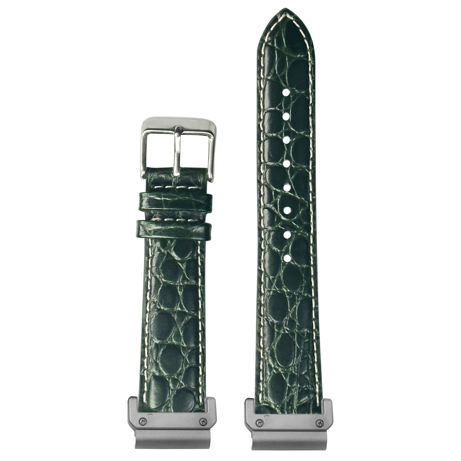 Alligator Leather Dark Green White Stitching strap with QuickFit adapters attached to both ends