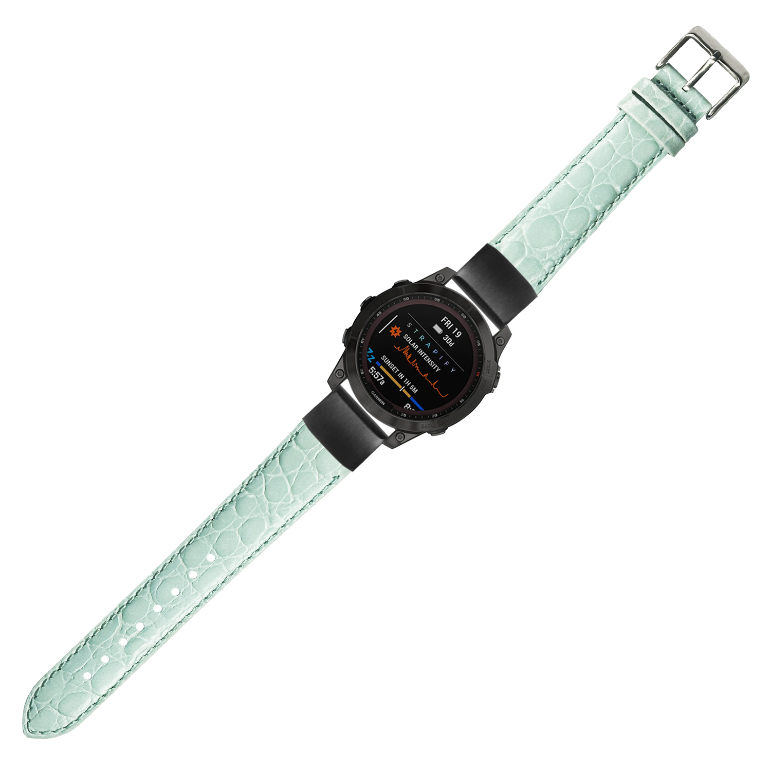 Black smartwatch with light tiffany blue alligator leather QuickFit band and digital display showing fitness metrics