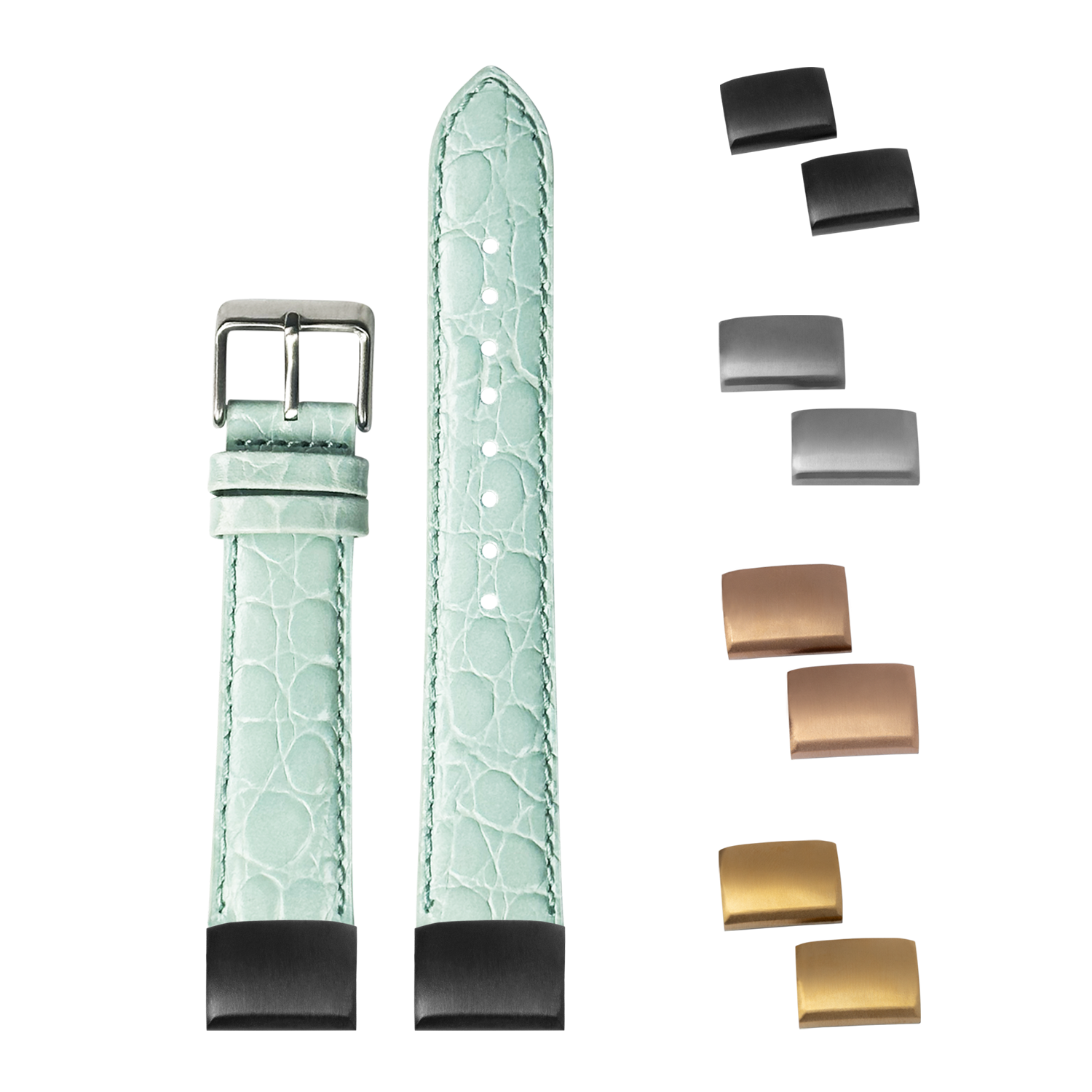 Light Tiffany blue alligator leather quick-fit watch strap 20mm with interchangeable metal buckles in black, silver, and gold finishes