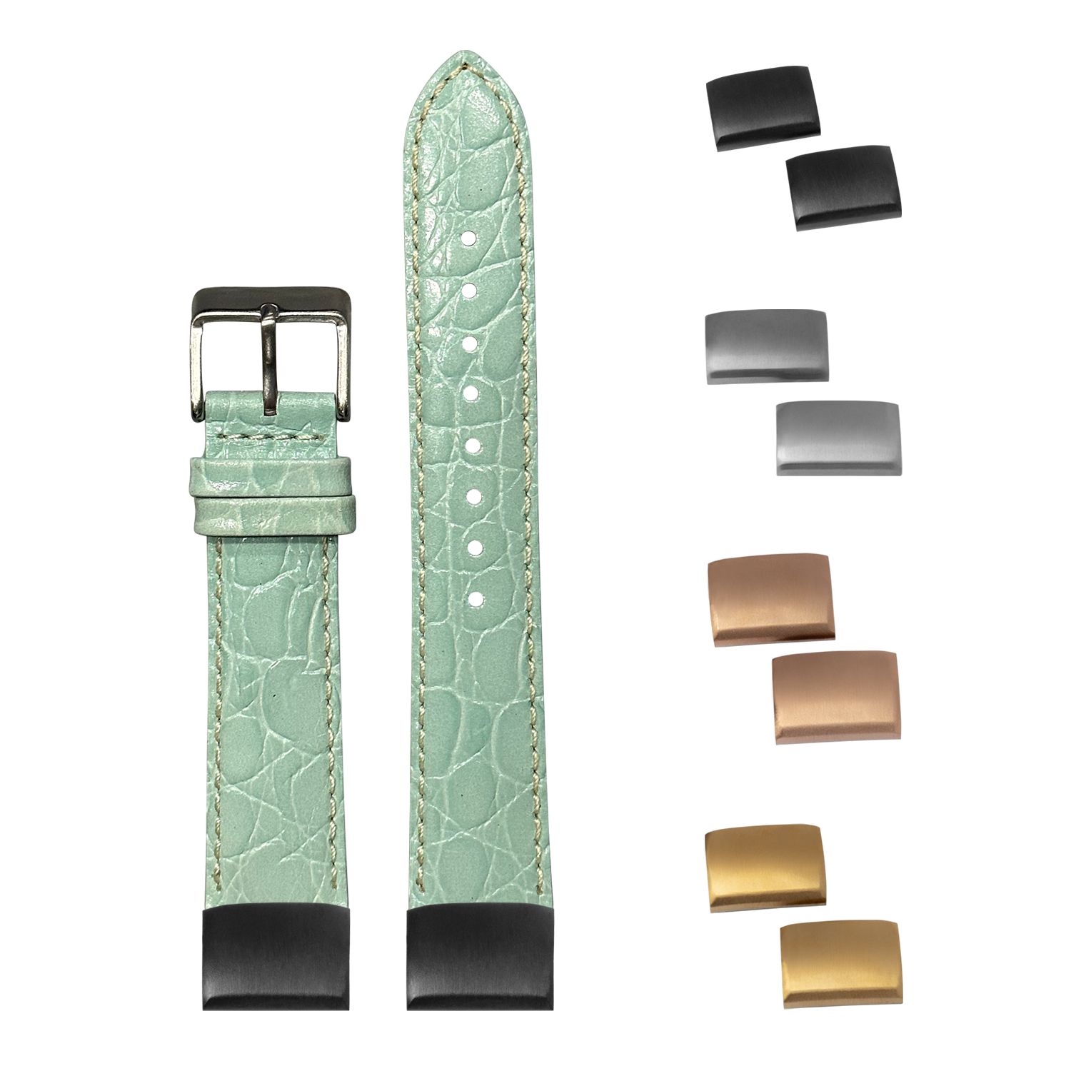Light tiffany blue alligator leather quick-fit watch strap 20mm with white stitching, interchangeable metal clasps