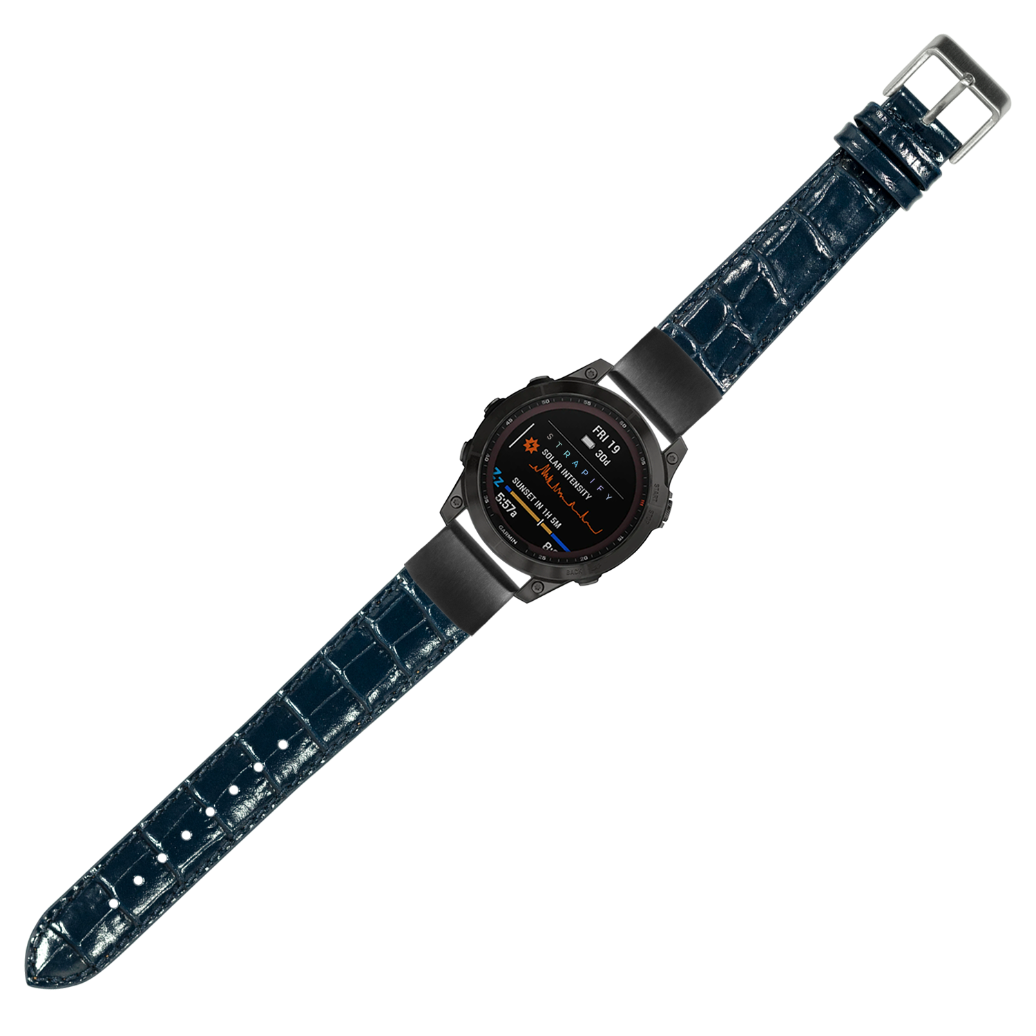 Black smartwatch with navy blue alligator leather strap and digital display showing fitness metrics
