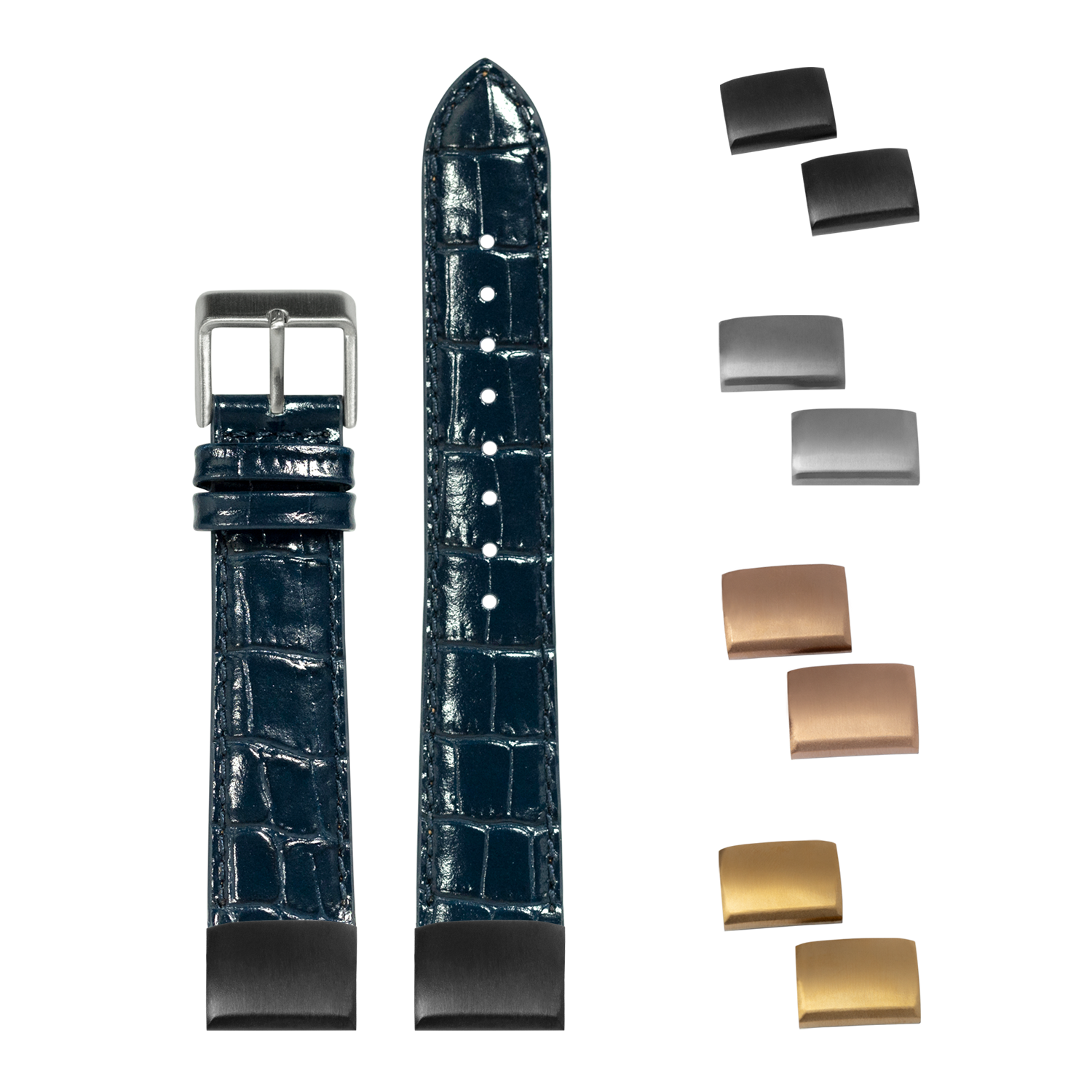 Navy blue alligator leather watch strap 20mm QuickFit with interchangeable metal buckles in silver, gold and rose gold