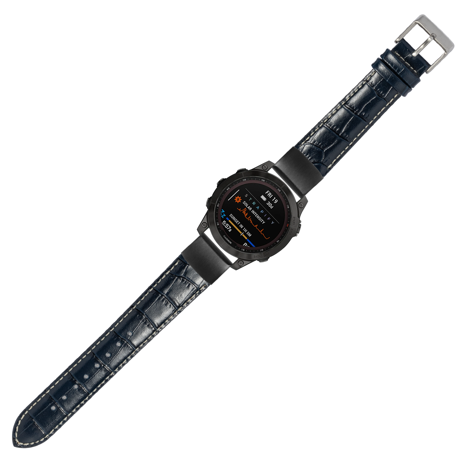 Black digital smartwatch with crocodile leather navy blue strap, white stitching, and silver buckle on white background